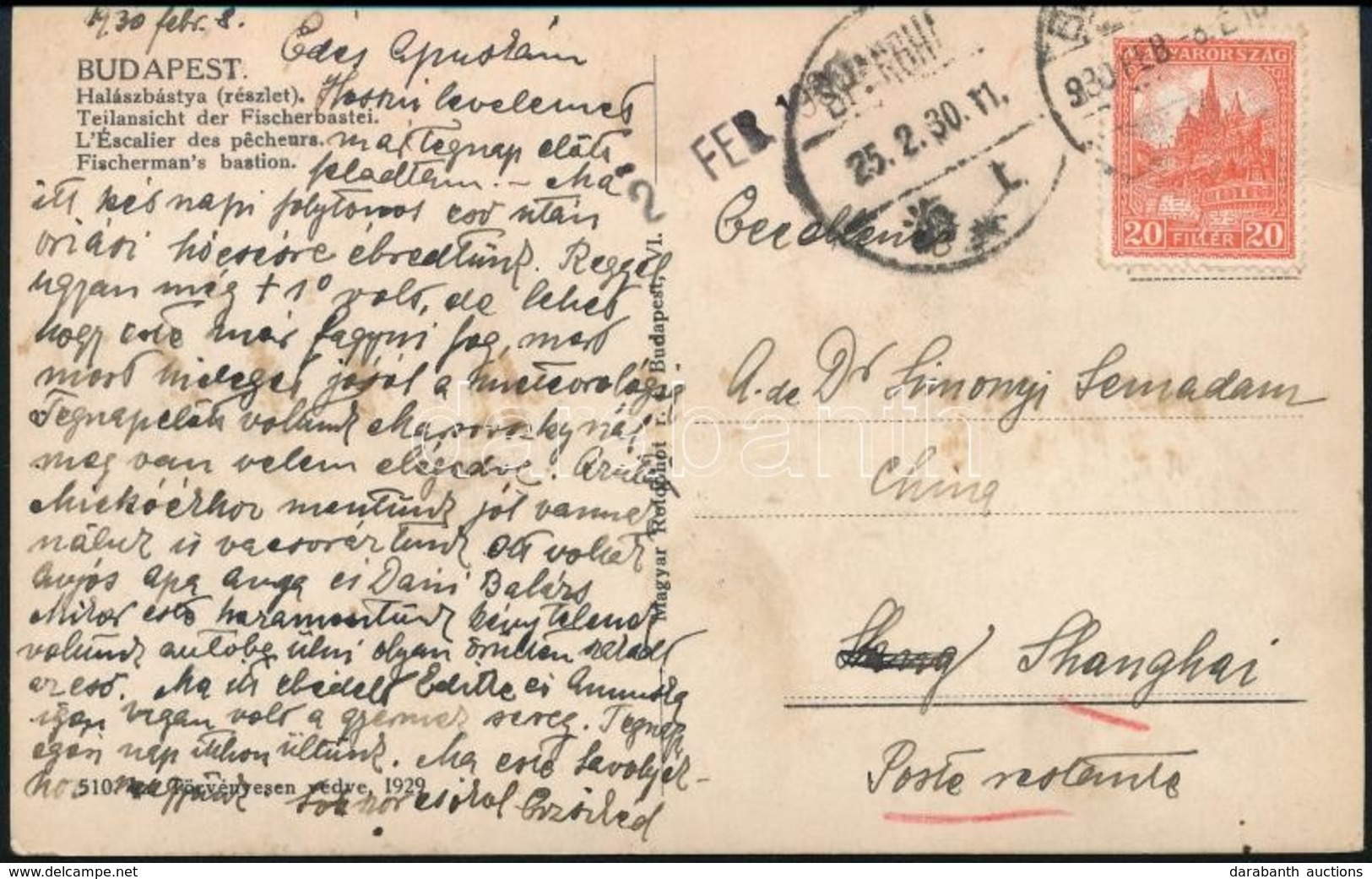 1930 Képeslap Kínába, Simányi Semadám Sándornak / Postcard To China - Altri & Non Classificati