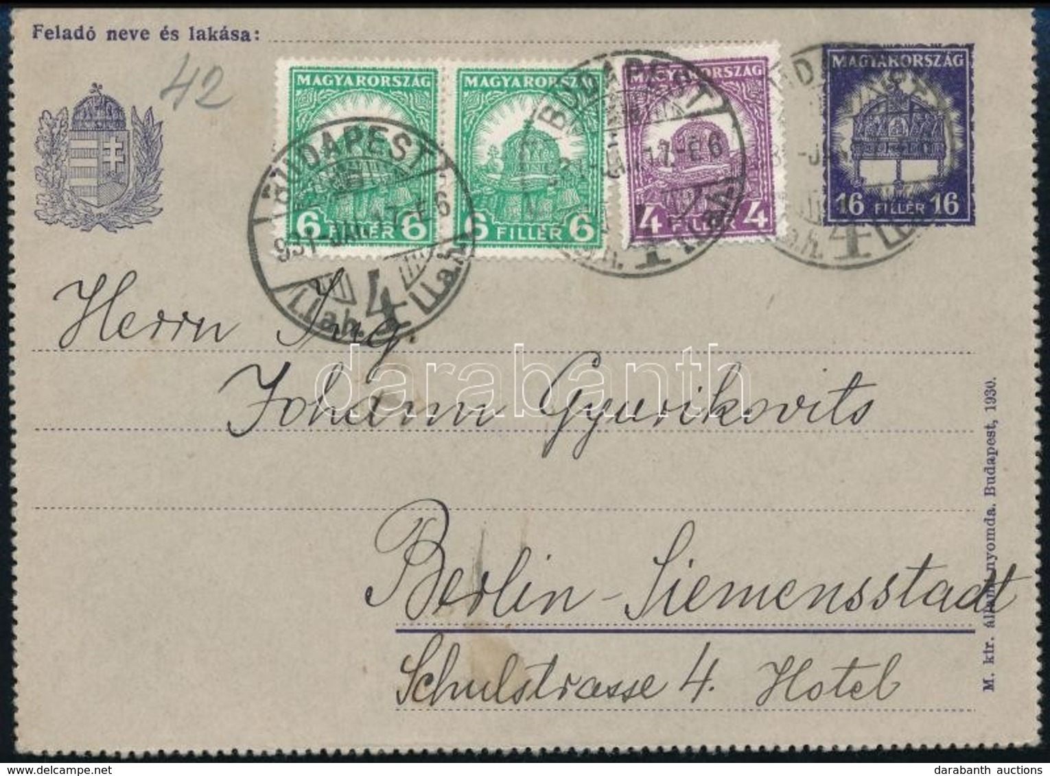 1931 Díjjegyes Zárt Levelezőlap 16f Kiegészítéssel Berlinbe / PS-cover Card To Berlin - Sonstige & Ohne Zuordnung