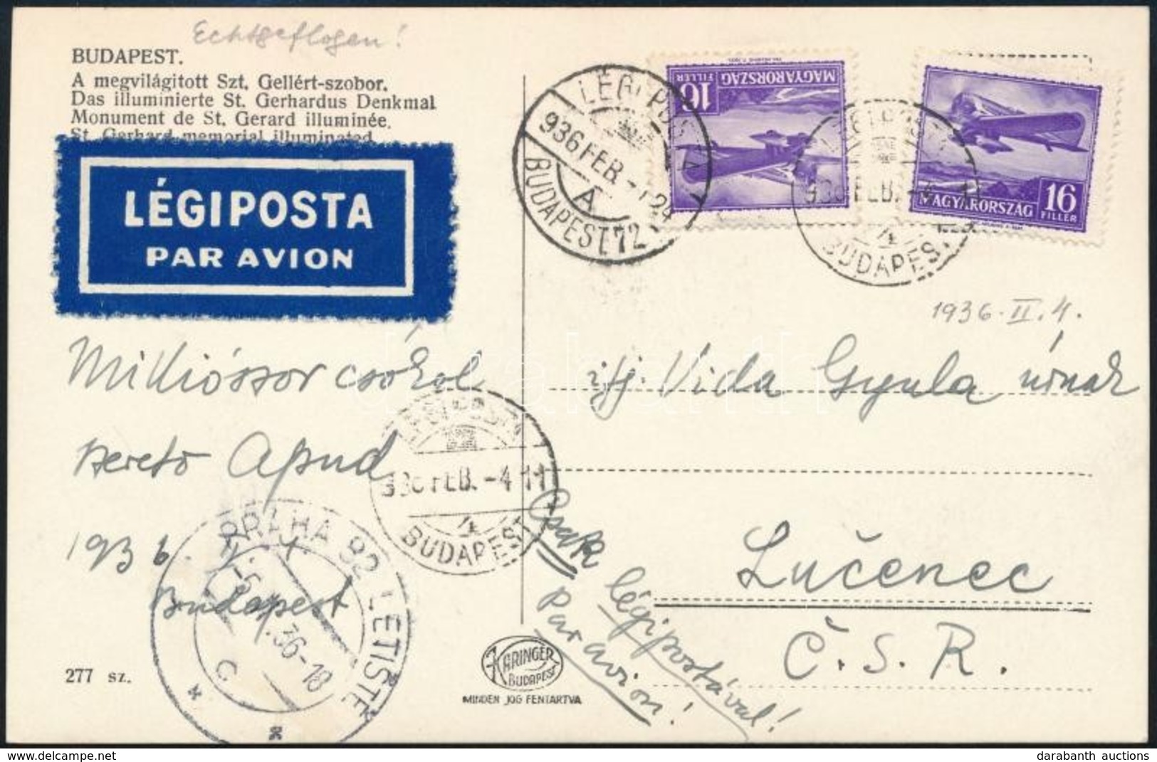 1933 Légi Képeslap Losoncra / Airmail Postcard To Czechoslovakia - Sonstige & Ohne Zuordnung