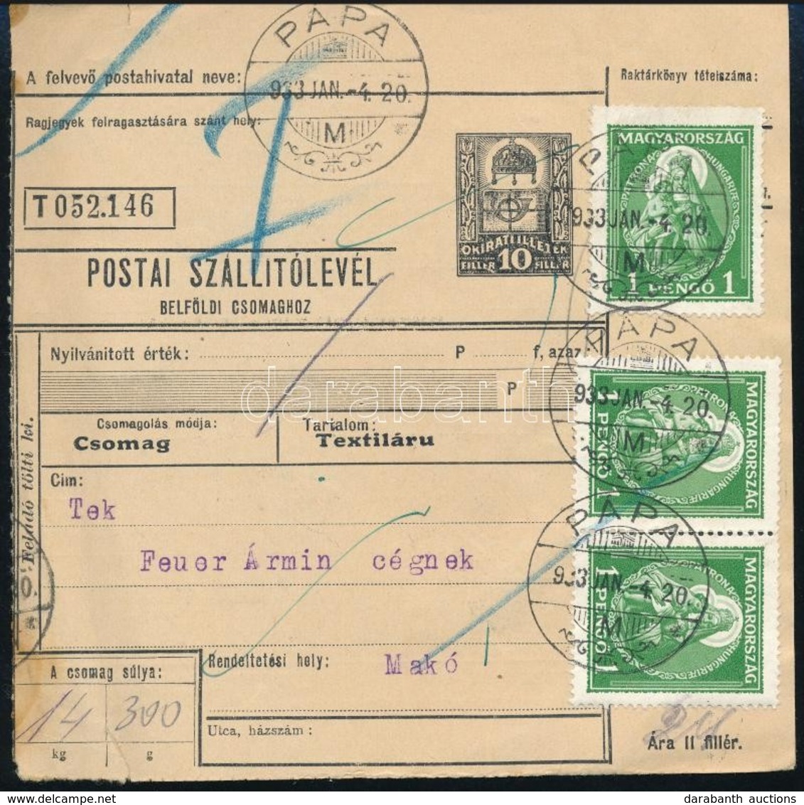 1933 Szállítólevél 3P Bérmentesítéssel, Nagy Madonna 3 X 1P Bélyeggel / Parcel Card With 3P Franking - Altri & Non Classificati