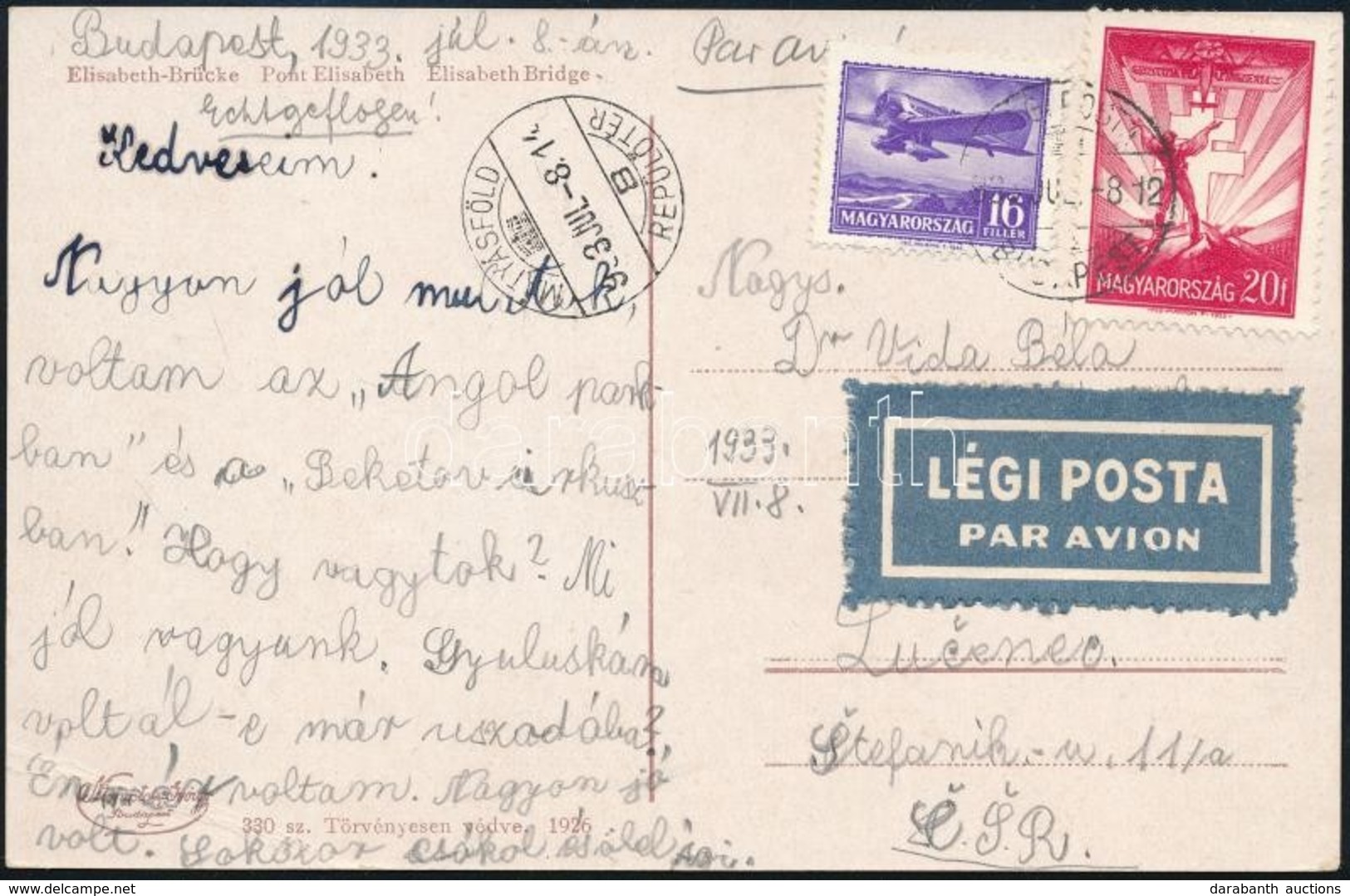 1933 Légi Képeslap Losoncra / Airmail Postcard To Czechoslovakia - Altri & Non Classificati