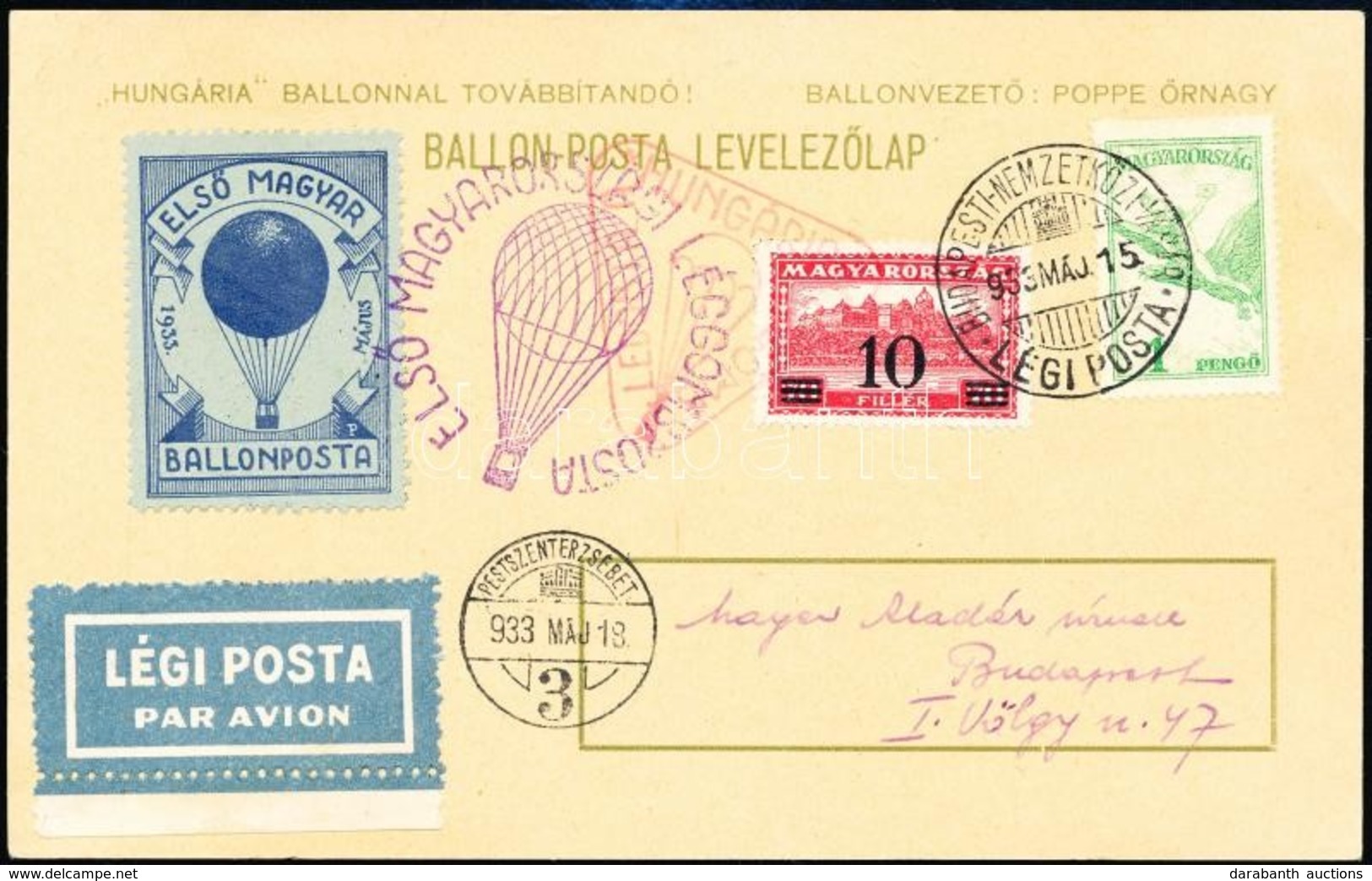 1933 Alkalmi Légi Levelezőlap 'ELSŐ MAGYARORSZÁGI LÉGGÖMBPOSTA' / Airmail Postcard With Special Cancellation - Sonstige & Ohne Zuordnung