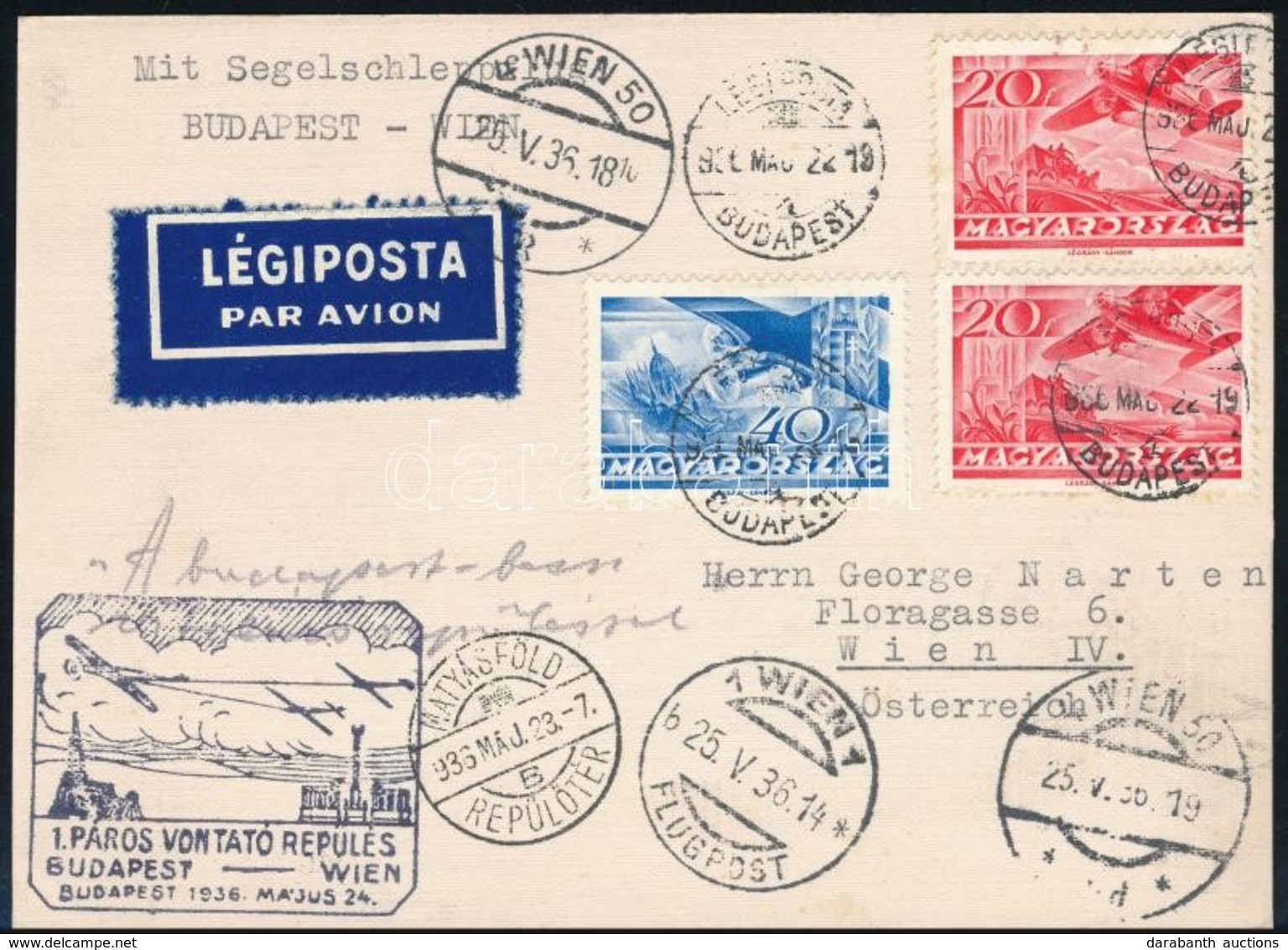 1936 Légi Levelezőlap '1. PÁROS VONTATÓ REPÜLÉS' Alkalmi Bélyegzéssel Bécsbe / Airmail Postcard With Special Cancellatio - Sonstige & Ohne Zuordnung