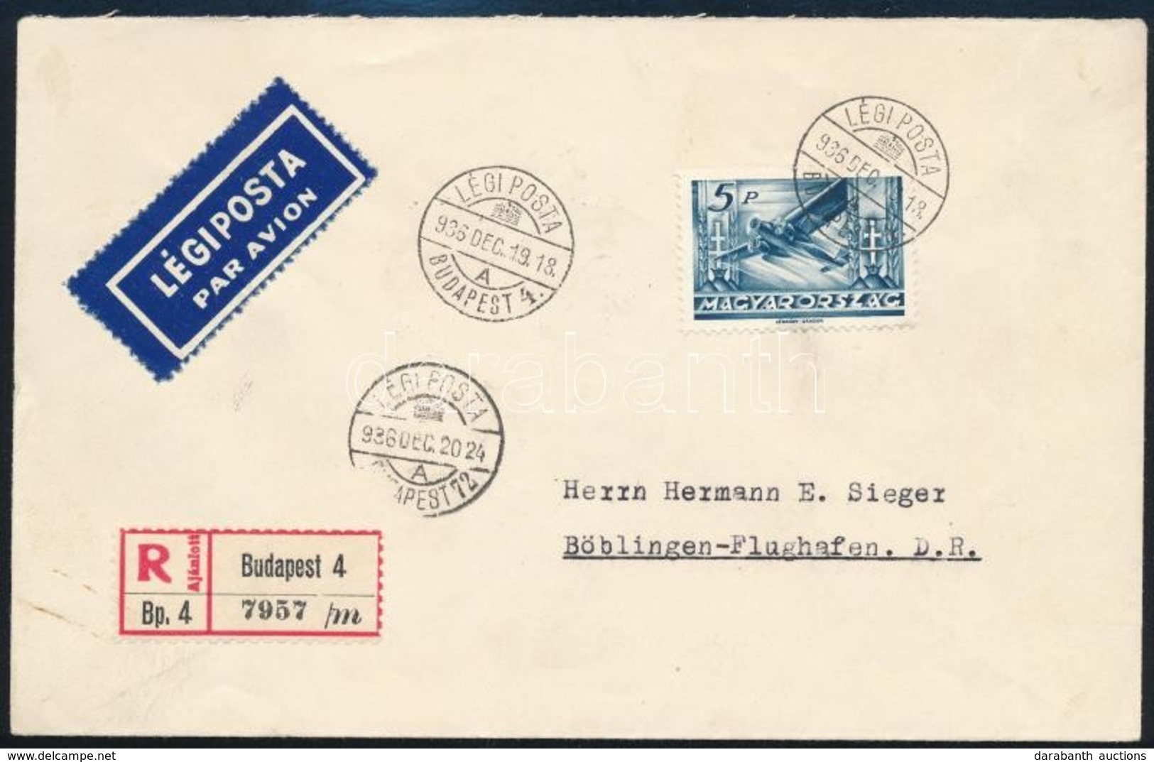 1936 Ajánlott Légi Levél Repülő 5P Bérmentesítéssel Németországba / Registered Airmail Cover To Germany - Sonstige & Ohne Zuordnung