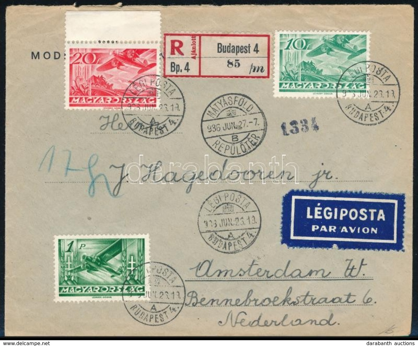 1936 Ajánlott Légi Levél Amszterdamba / Registered Airmail Cover To Amsterdam - Sonstige & Ohne Zuordnung