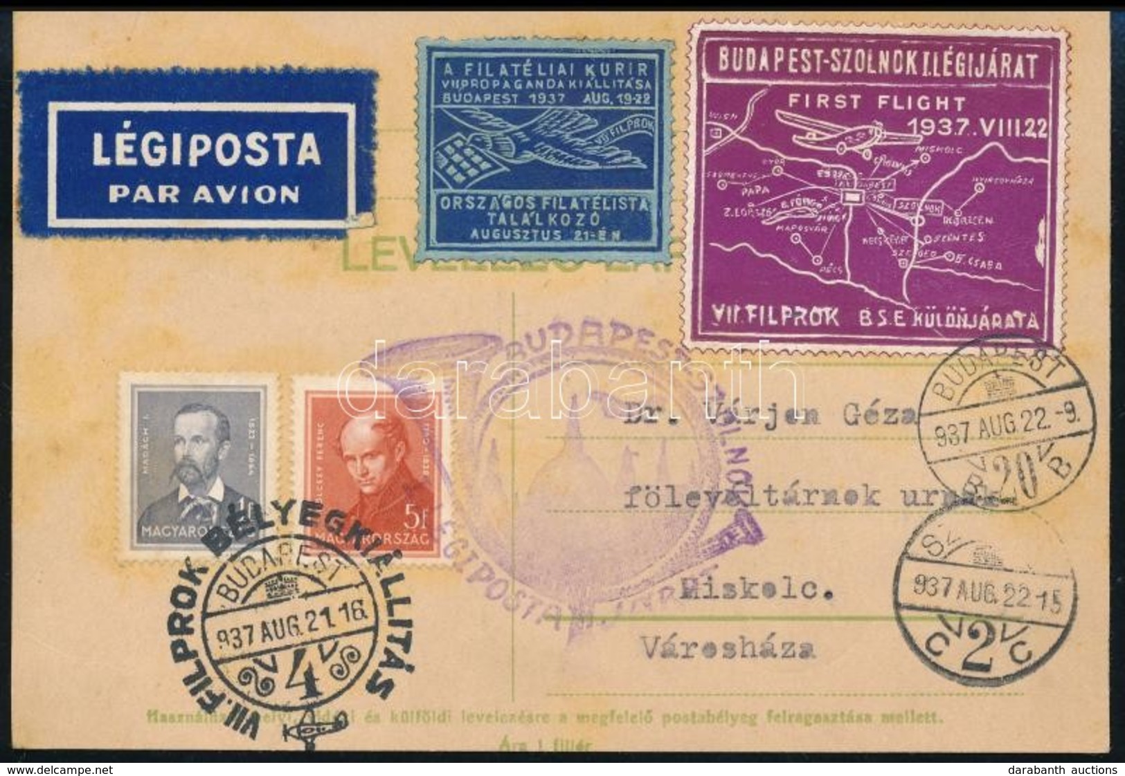 1937 Légi Levelezőlap Budapest-Szolnok Légi Járat, Levélzárókkal / Special Airmail Postcard - Sonstige & Ohne Zuordnung