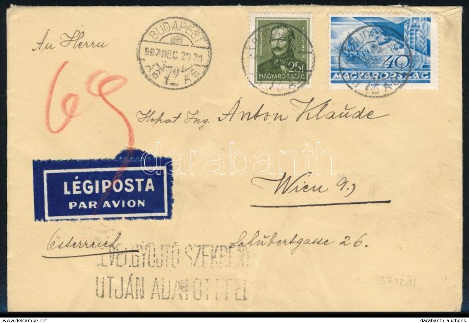 1937 Légi Levél 65f Bérmentesítéssel Levélszekrényútján Bécsbe / Airmail Cover To Vienna - Sonstige & Ohne Zuordnung