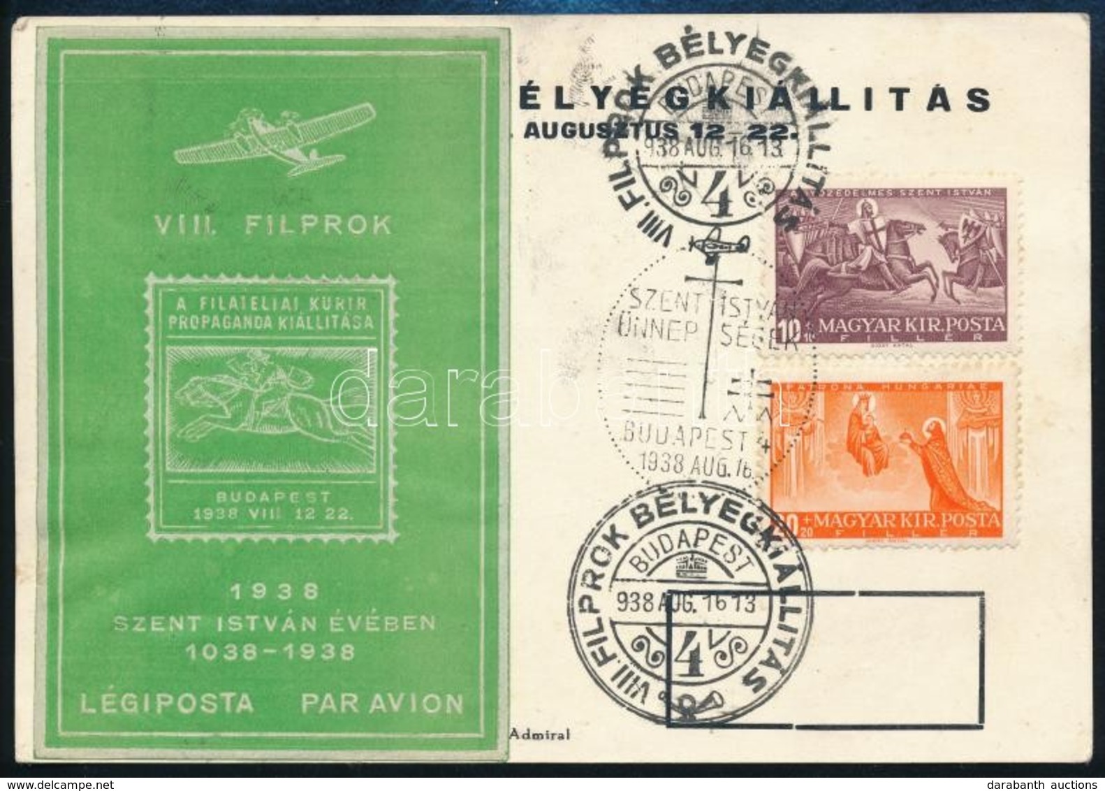 1938 Alkalmi Levelezőlap VIII. FILPROK Emlékívvel és Szent István Emlékbélyegzéssel / Souvenir Sheet On Postcard - Sonstige & Ohne Zuordnung