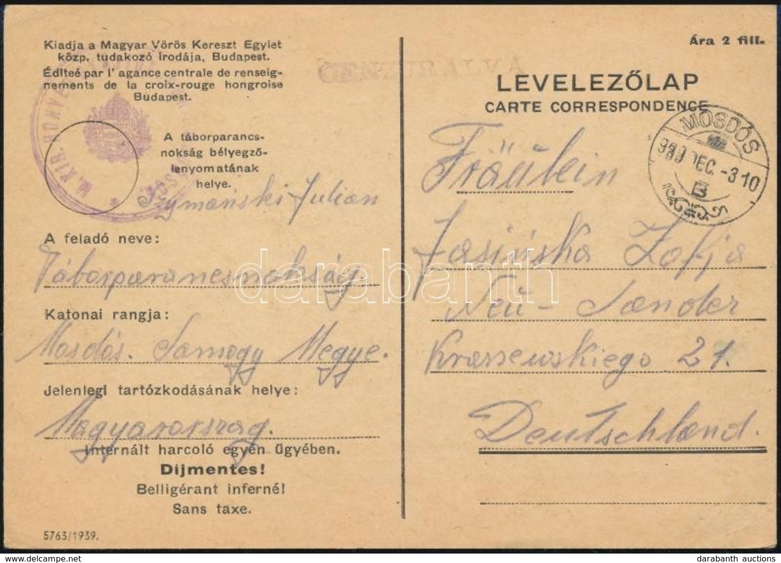 1939 Cenzúrázott Levelezőlap A Mosdósi Lengyel Menekülttáborból Németországból / Censored Postcard From The Polish Refug - Sonstige & Ohne Zuordnung