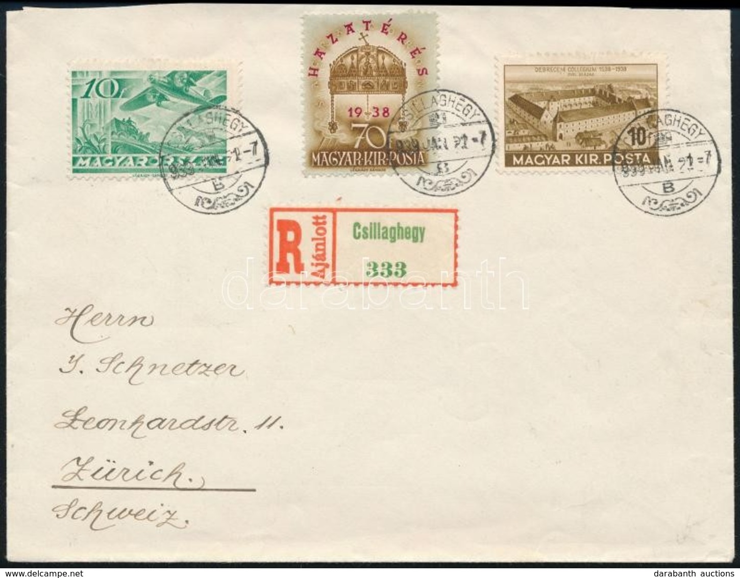 1939 Ajánlott Levél Zürichbe / Registered Cover To Zürich - Sonstige & Ohne Zuordnung