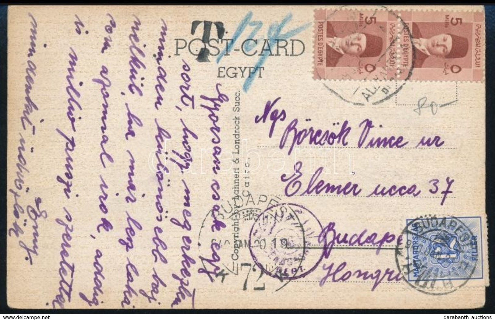 1940 Képeslap Egyiptomból 12f Portóval / Postcard From Egypt To Budapest, With 12f Postage Due - Sonstige & Ohne Zuordnung