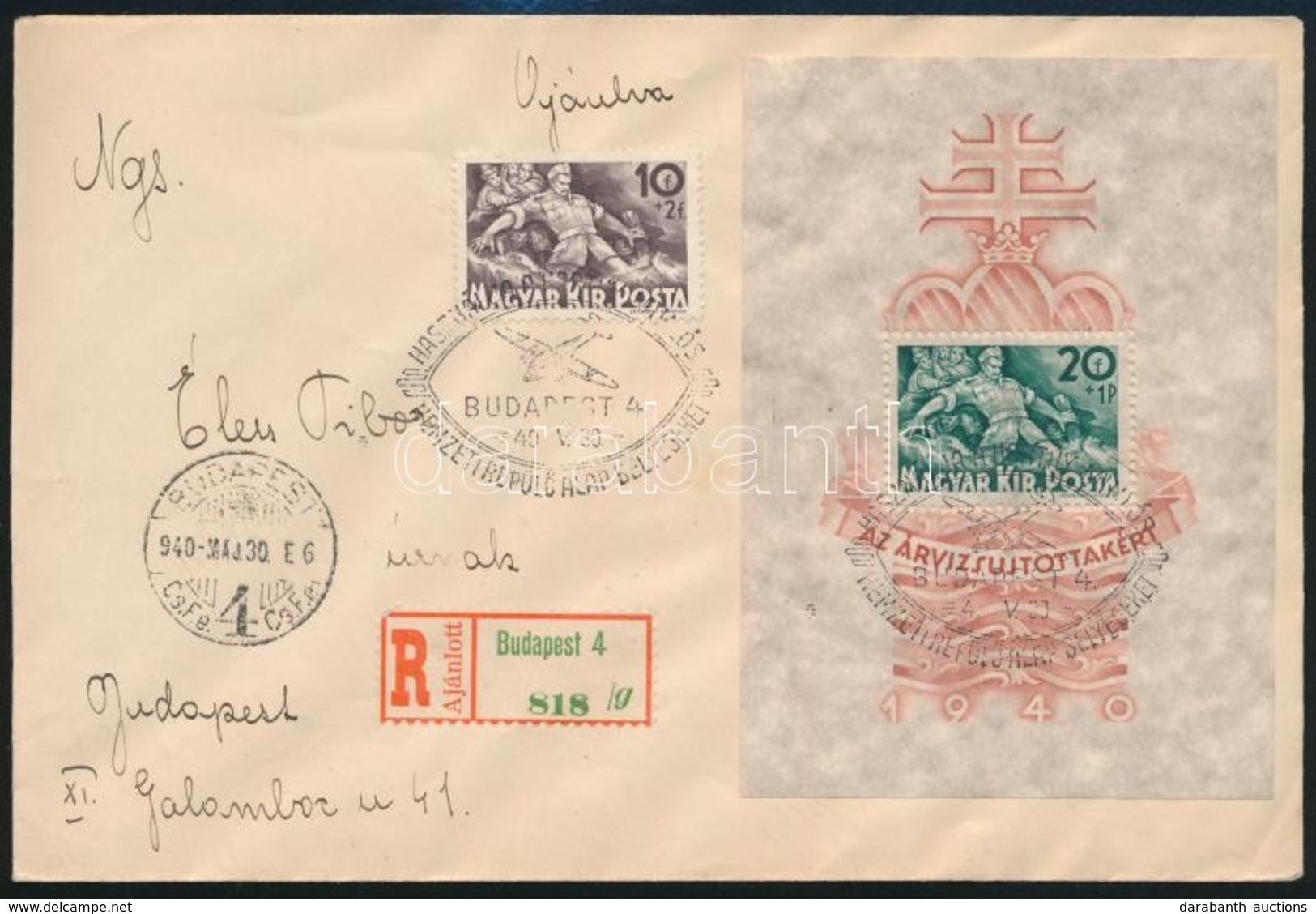 1940 Árvíz Blokk Díjkiegészítéssel Ajánlott Levélen / Mi Block 7 On Registered Cover - Sonstige & Ohne Zuordnung