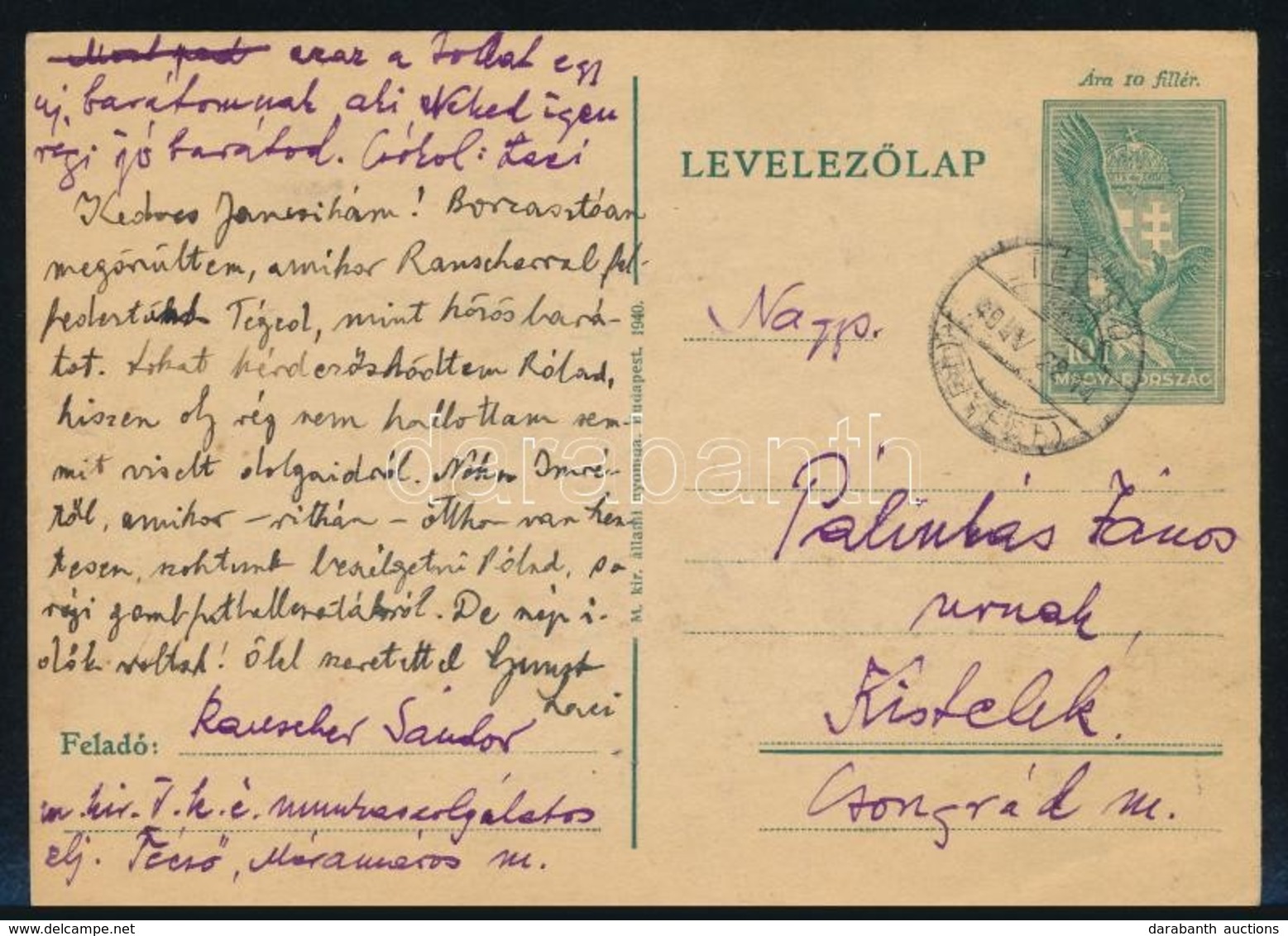 1940 Díjjegyes Levelezőlap TÉCSŐ Kétnyelvű Bélyegzéssel / PS-card With Bilingual Cancellation - Sonstige & Ohne Zuordnung