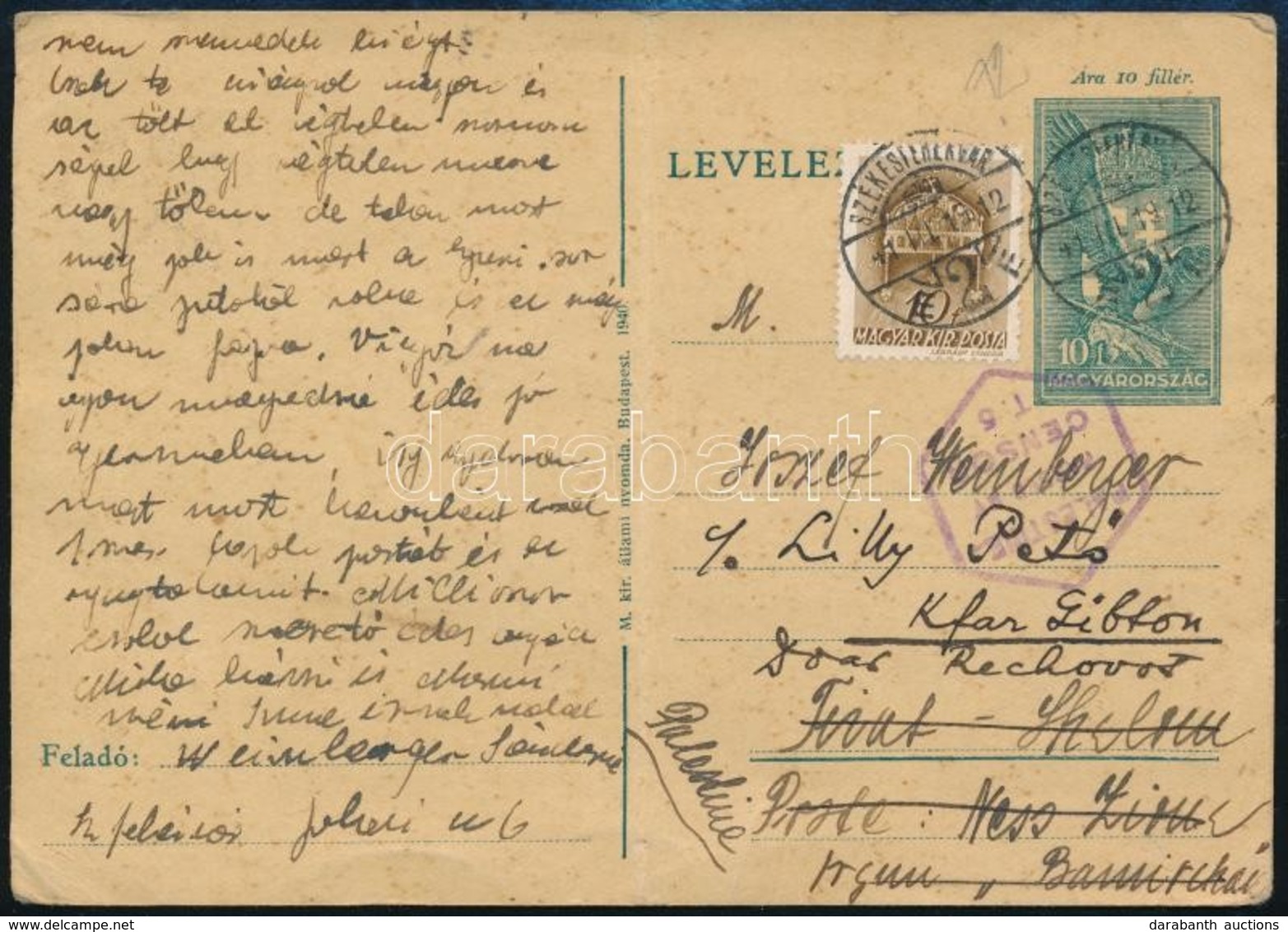 1941 Díjkiegészített Díjjegyes Levelezőlap Palesztinába / PS-card With Additional Franking To Palestine - Sonstige & Ohne Zuordnung