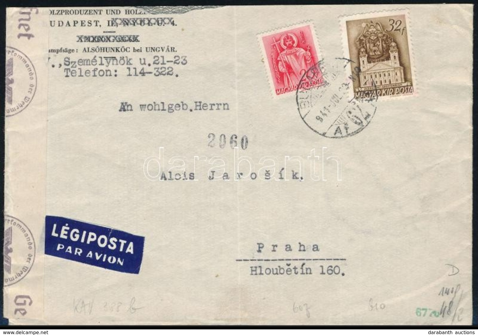 1941 Cenzúrázott Légi Levél Prágába / Censored Airmail Cover To Praha - Altri & Non Classificati