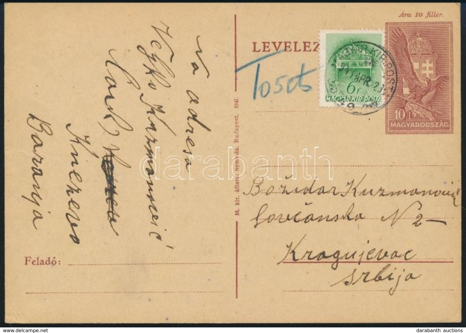 1941 Díjkiegészített Díjjegyes Levelezőlap Knezevoból Kisegítő Számbélyegzéssel Kragnjevacra, Portózva / PS-card From Kn - Sonstige & Ohne Zuordnung