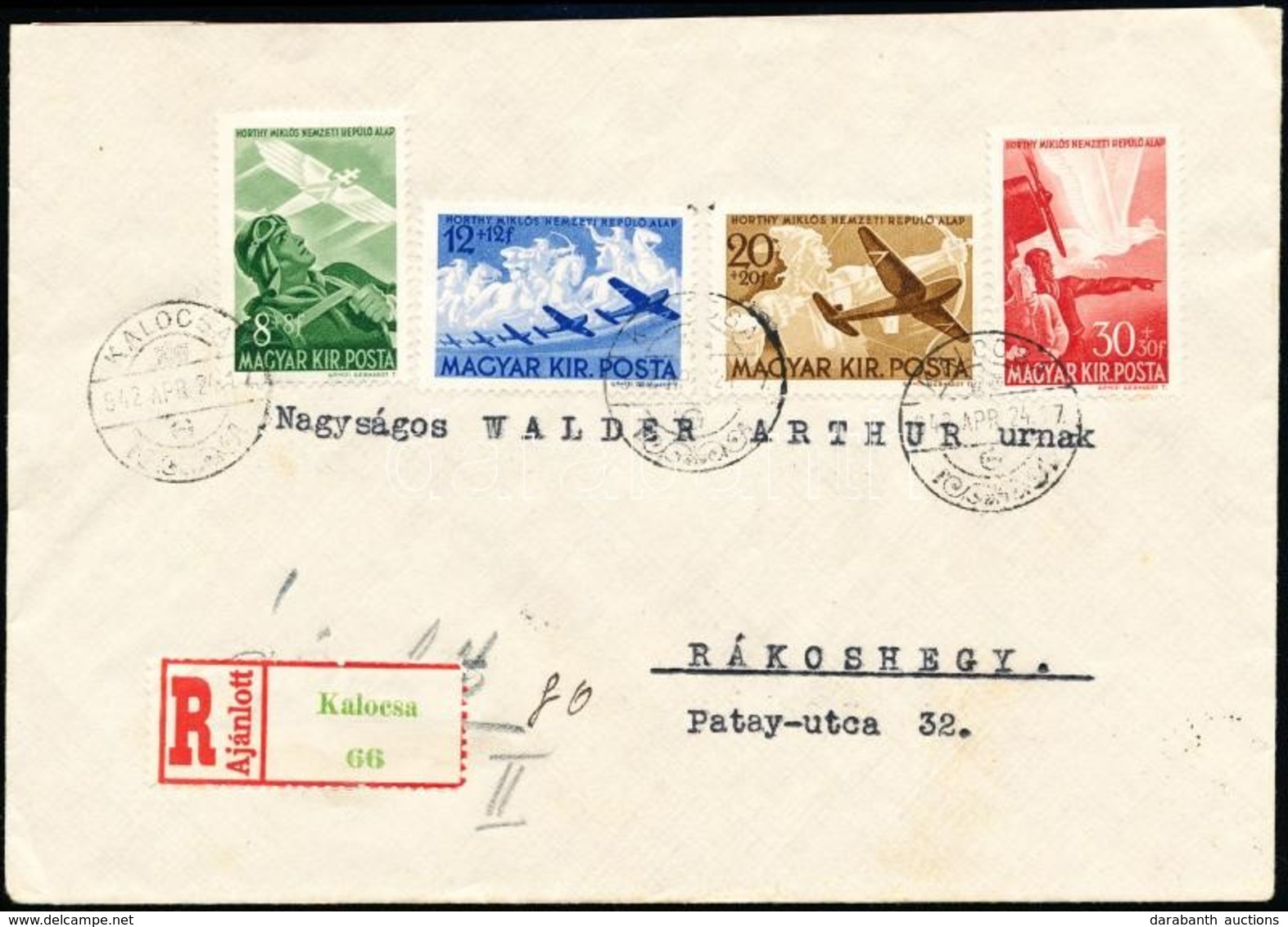 1942 Ajánlott Levél Kalocsáról Rákoshegyre, Repülő Alap Sorral / Mi 687-690 On Registered Cover - Altri & Non Classificati