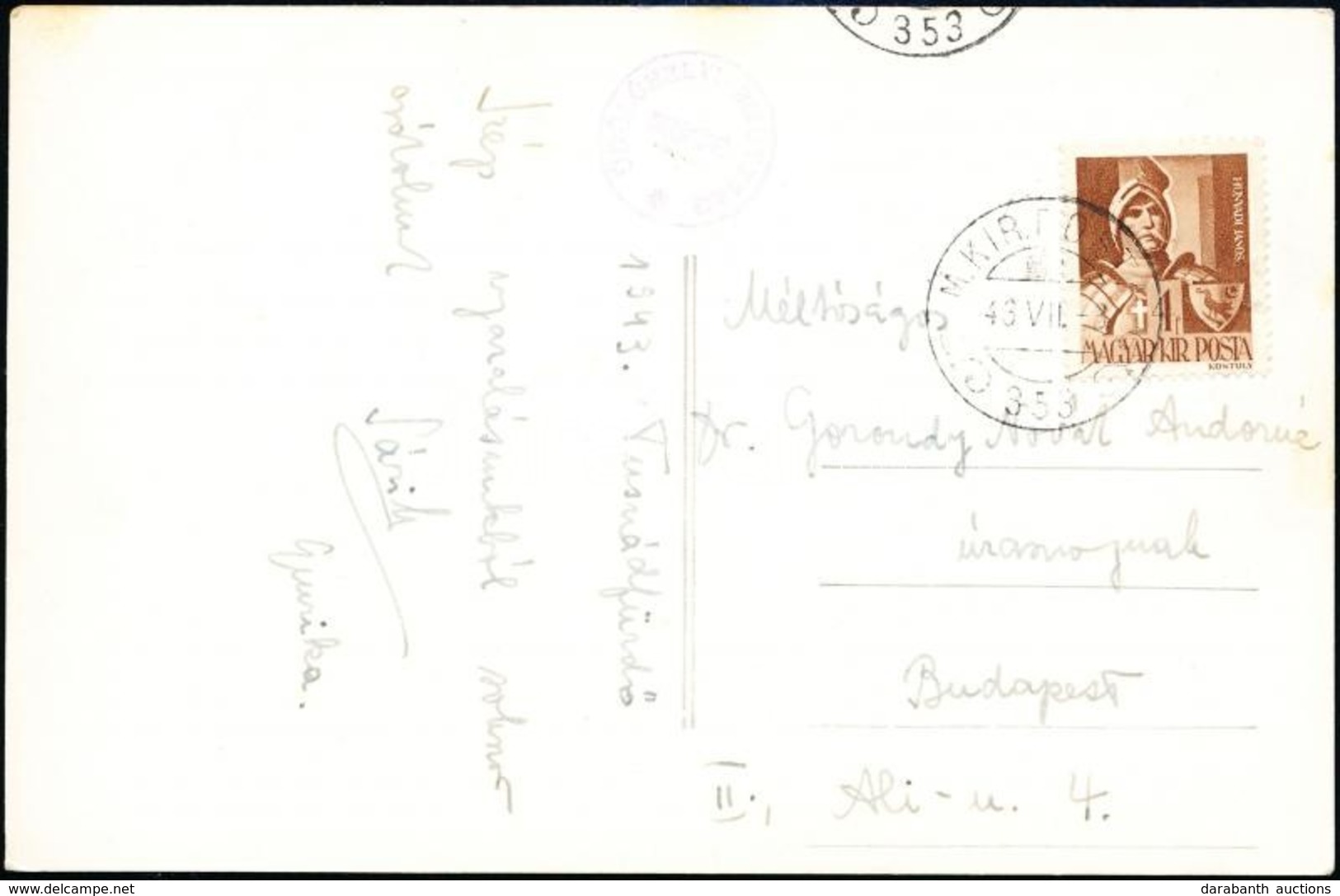 1943 Képeslap 'M.KIR.POSTA 353' Kisegítő Bélyegzéssel / Postcard With Auxiliary Postmark - Sonstige & Ohne Zuordnung