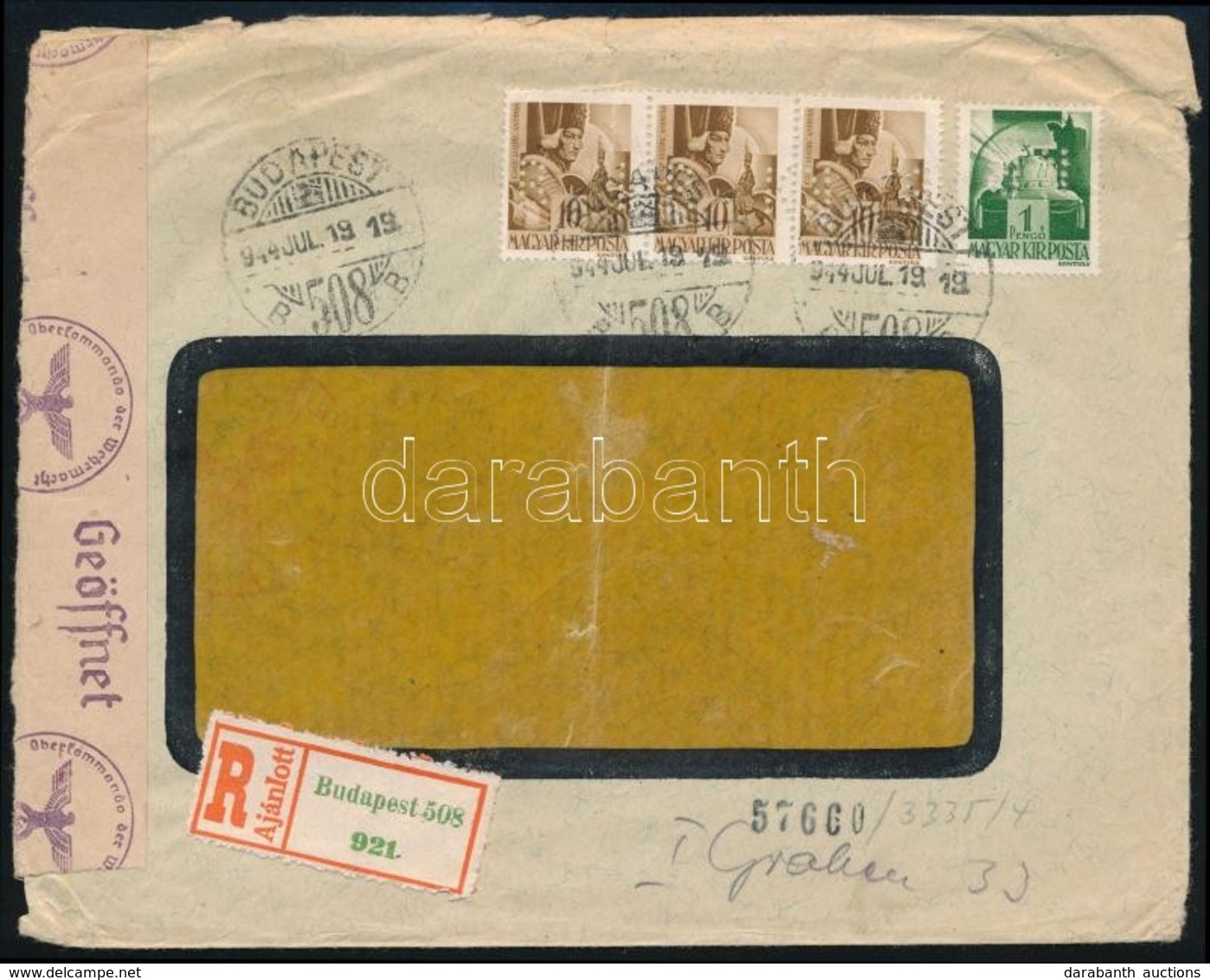 1944 Céges Levél B.K. Céglyukasztásos Bélyegekkel Németországba, Cenzúrázva / Business Cover With Perfin Stamps To Germa - Sonstige & Ohne Zuordnung