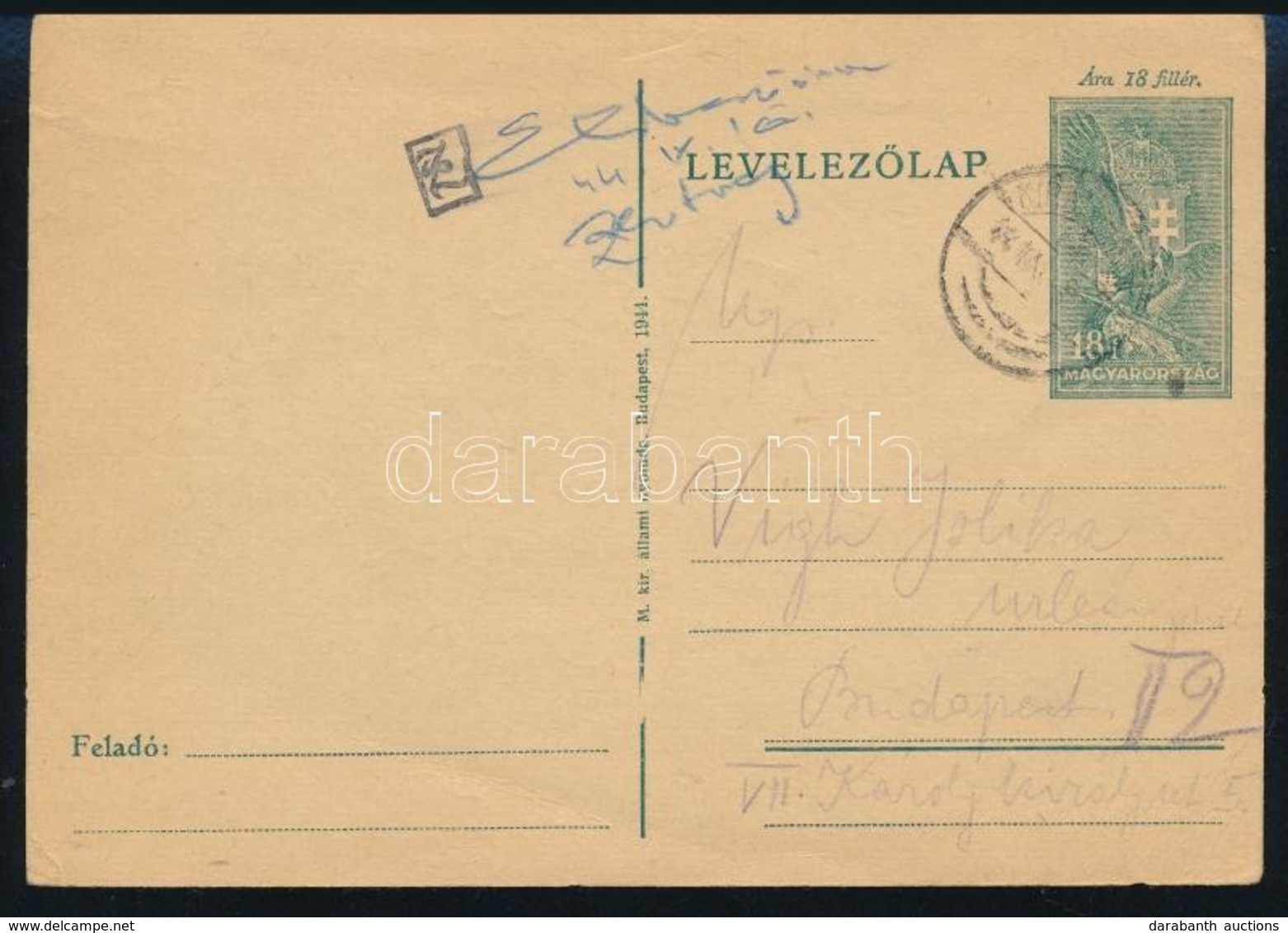 1944 Levelezőlap 'KIRÁLYHÁZA' Szükségbélyegzéssel, Cenzúrázva / Censored Postcard With Auxiliary Postmark - Sonstige & Ohne Zuordnung