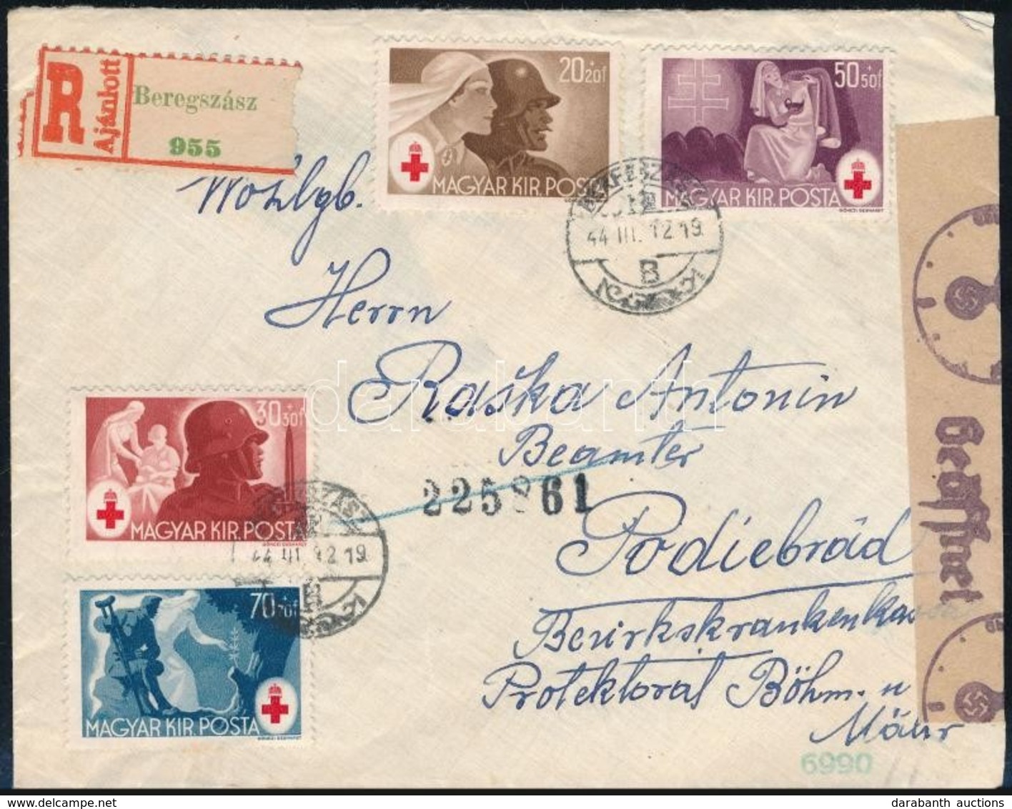 1944 Vöröskereszt Sor Ajánlott, Cenzúrázott Levélen A Cseh-morva Protektorátusba / Mi 749-752 On Registered, Censored Co - Sonstige & Ohne Zuordnung
