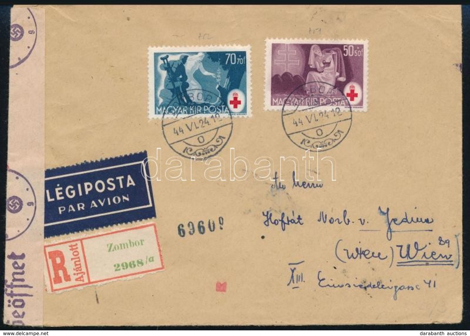 1944 Ajánlott, Cenzúrázott Légi Levél 2 Db Vöröskereszt Bélyeggel Bécsbe / Registered, Censored Airmail Cover To Vienna  - Sonstige & Ohne Zuordnung