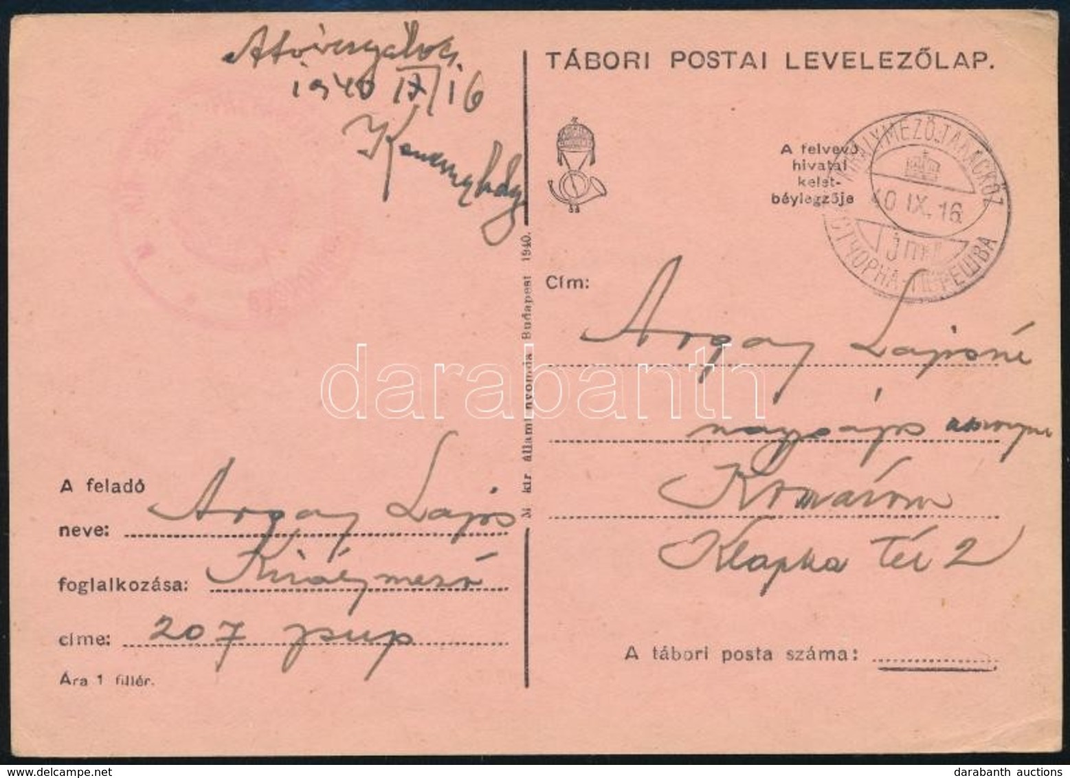1940 Tábori Lap Kétnyelvű Vasúti Bélyegzéssel / Field Postcard With Bilingual Railway Postmark - Autres & Non Classés