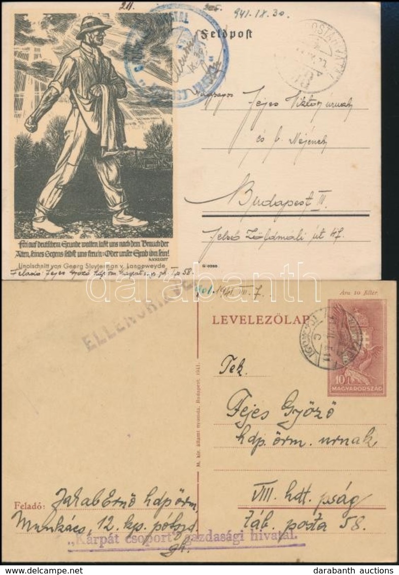 1941 2 Db Tábori Posta Levelezőlap Kör Ill. Vonalbélyegzéssel 'Kárpát Csoport Gazdasági Hivatal' / 2 Field Postcards - Autres & Non Classés