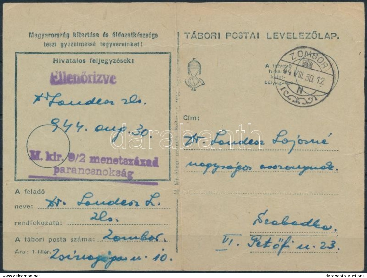 1944 Tábori Posta Levelezőlap / Field Postcard 'M.kir.  9/2 Menetszázad Parancsnokság' (hajtott / Folded) - Sonstige & Ohne Zuordnung