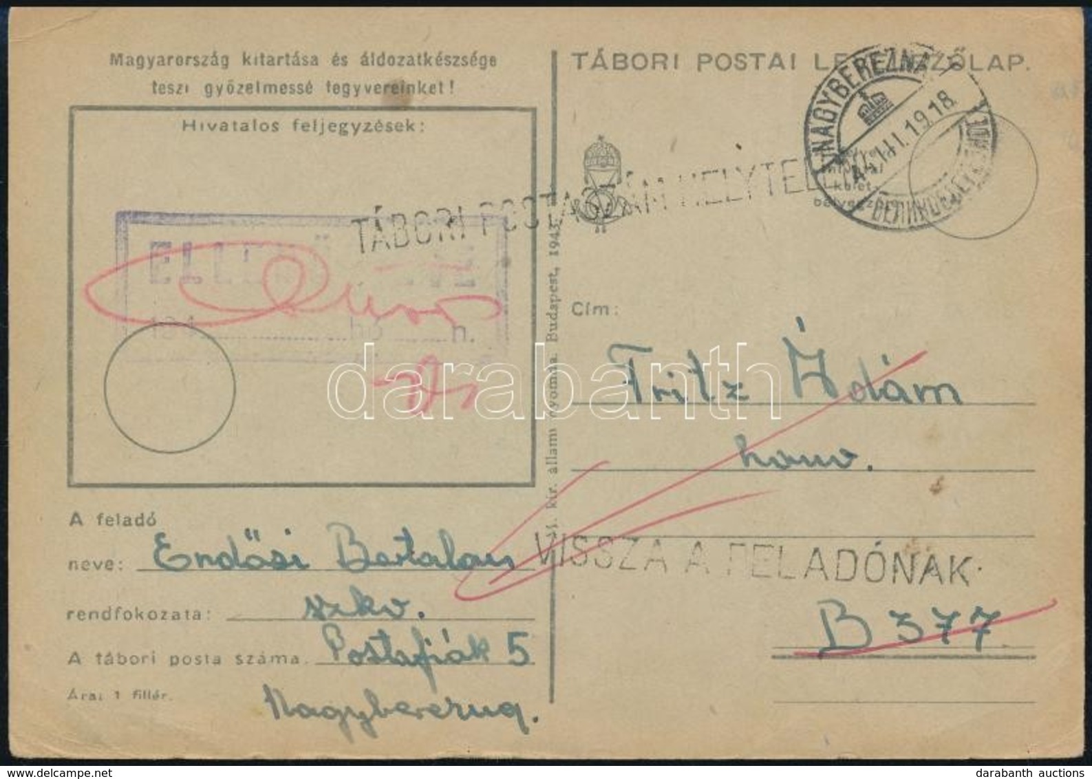 1944 Tábori Levelezőlap NAGYBEREZNA Kétnyelvű Bélyegzéssel, Vissza A Feladónak / Field Postcard With Bilingual Cancellat - Sonstige & Ohne Zuordnung