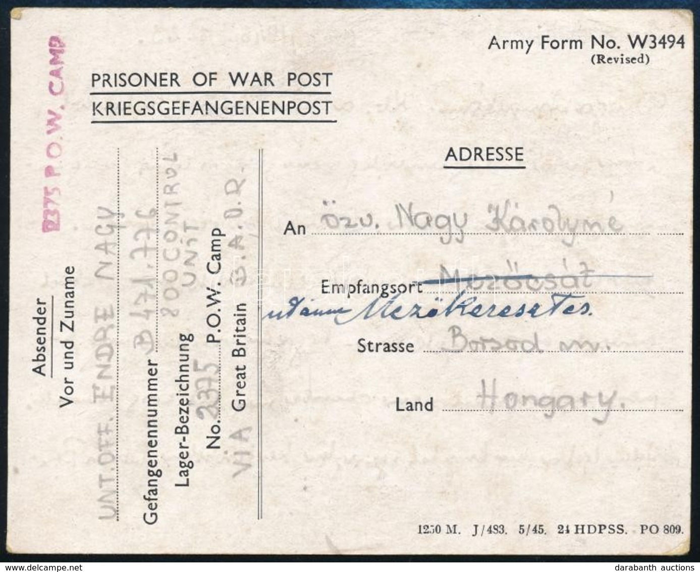 1946 Angol Hadifogságba Esett Magyar Katona Levele, Ritka! / Letter Of Hungarian Soldier From A British P.O.W. Camp - Autres & Non Classés