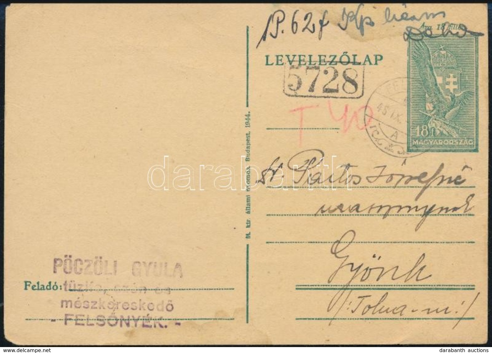 1945 (2. Díjszabás) Levelezőlap Készpénzes Bérmentesítéssel / Postcard With Handwritten Franking - Andere & Zonder Classificatie