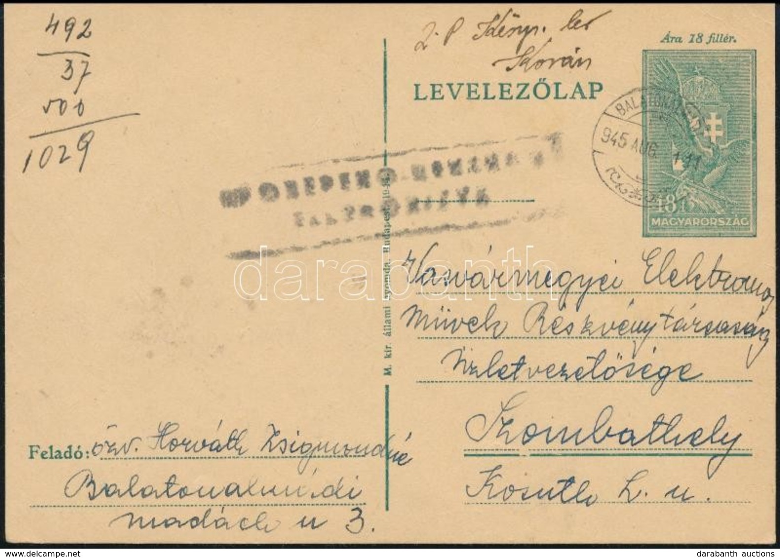 1945 (2. Díjszabás) Díjjegyes Levelezőlap 2P Készpénzes Bérmentesítéssel, Cenzúrázva / PS-card With 2P Cash Franking, Ce - Autres & Non Classés