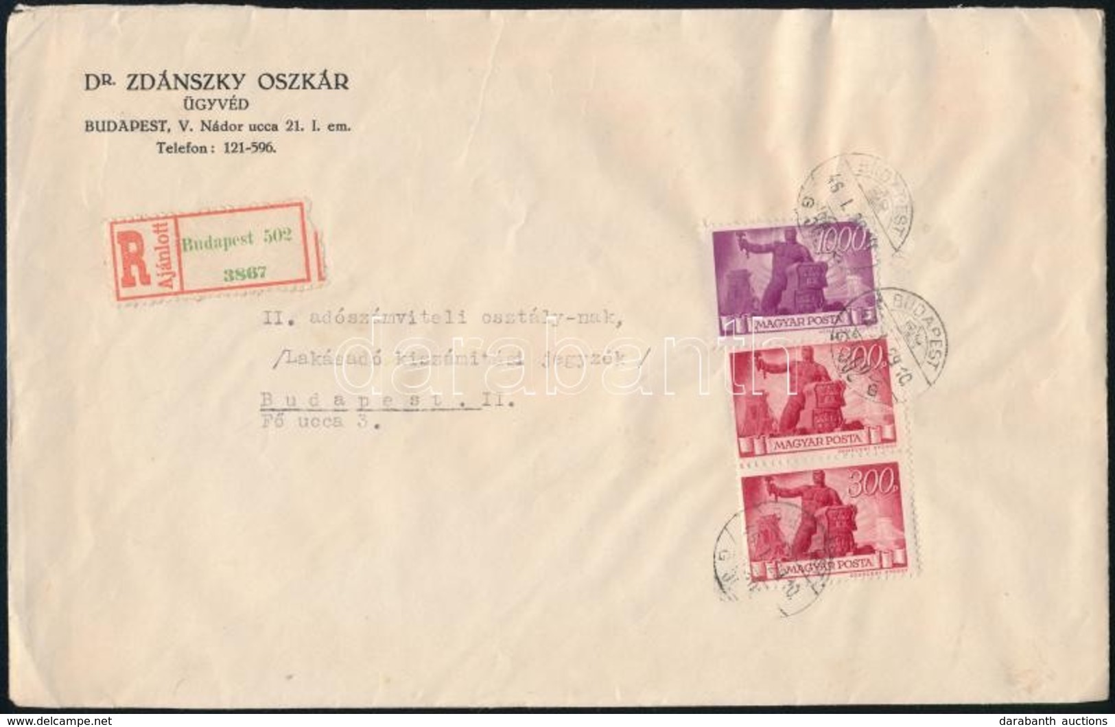 1946 (6. Díjszabás) Helyi Ajánlott Levél 1600P Bérmentesítéssel / Local Registered Cover With 1600P Franking - Sonstige & Ohne Zuordnung