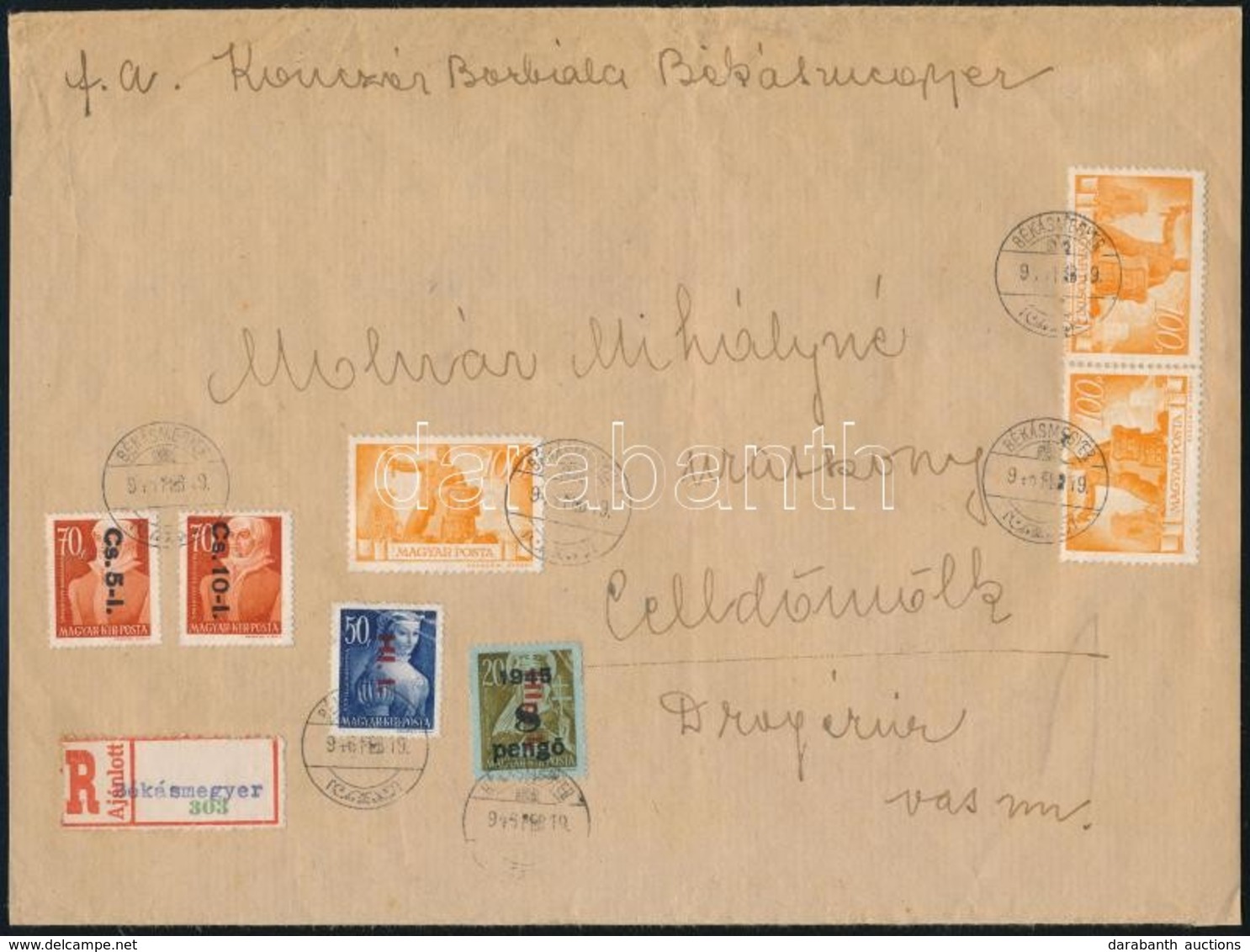 1946 (7. Díjszabás) Nagyalakú Ajánlott Távolsági Levél Újjáépítés és Betűs Vegyes Bérmentesítéssel / Registered Cover Wi - Autres & Non Classés