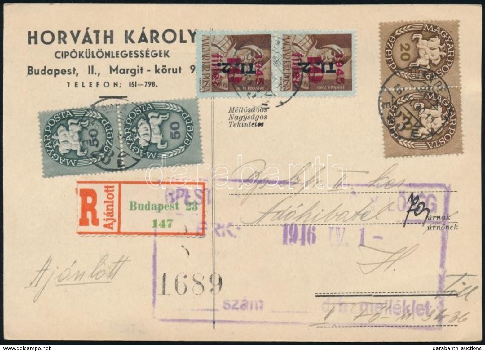 1946 (8. Díjszabás) Ajánlott Levelezőlap 6 Bélyeges Vegyes Bérmentesítéssel / Registered PS-card With 6 Stamps Franking - Autres & Non Classés