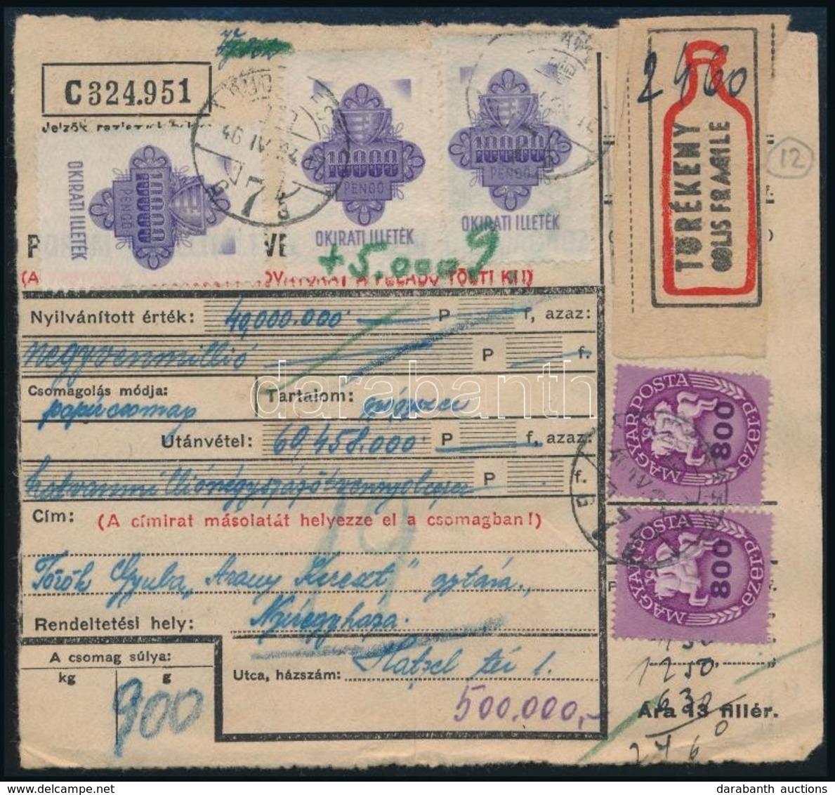 1946 (13. Díjszabás) Csomagszállító 5 Kg-ig, Emelt Tarifa 3 Tényező Miatt: Utánvétel, Nyilvántartott érték, Törékeny. Re - Autres & Non Classés