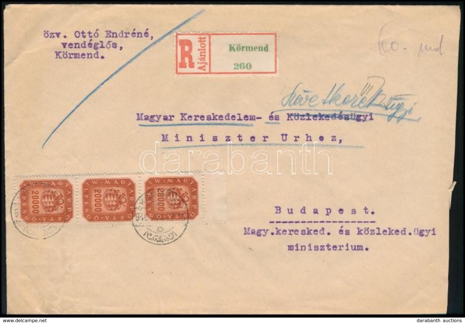 1946 (20. Díjszabás) Ajánlott Levél 60 Ezer Milpengő Bérmentesítéssel / Registered Cover With 60.000 Millpengő Franking - Sonstige & Ohne Zuordnung