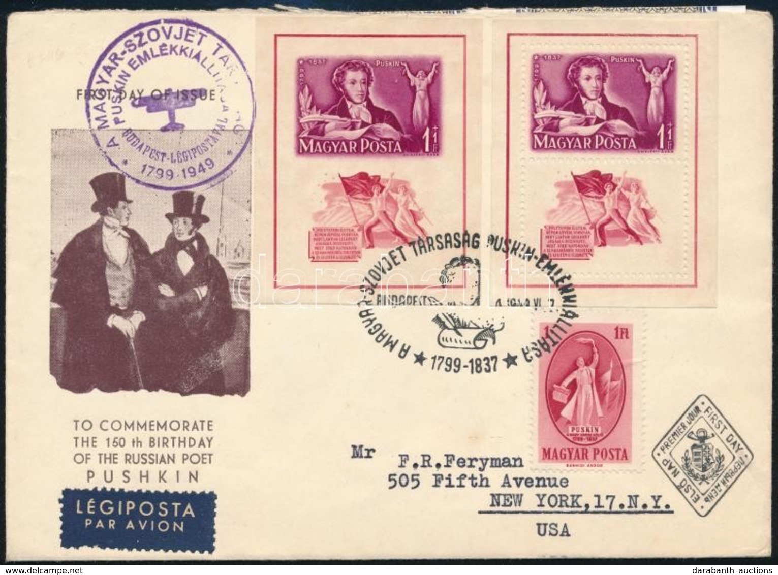 1949 Puskin Bélyeg és Blokkpár Légi FDC-n New Yorkba / Mi 1039 + Block 14 Perforated + Imperforate On Airmail FDC To New - Sonstige & Ohne Zuordnung