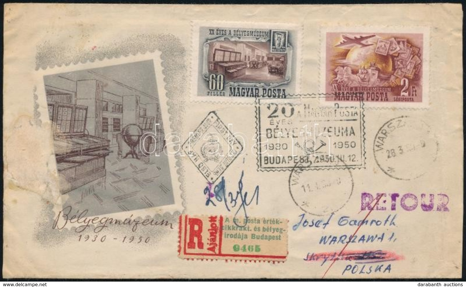 1950 Bélyegmúzeum Sor Ajánlott FDC-n Lengyelországba, Majd Visszaküldve / Mi 1086-1087 On Registered FDC To Poland, Retu - Autres & Non Classés