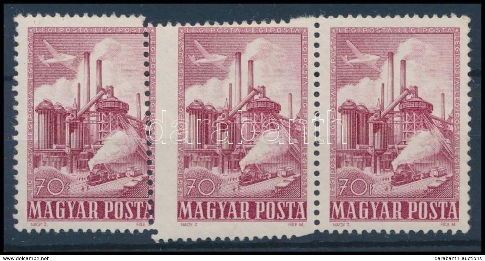 ** 1950 Repülő 70f Látványosan Elfogazott Hármascsík / Mi 1122 Stripe Of 3 With Interesting Misperforation - Sonstige & Ohne Zuordnung