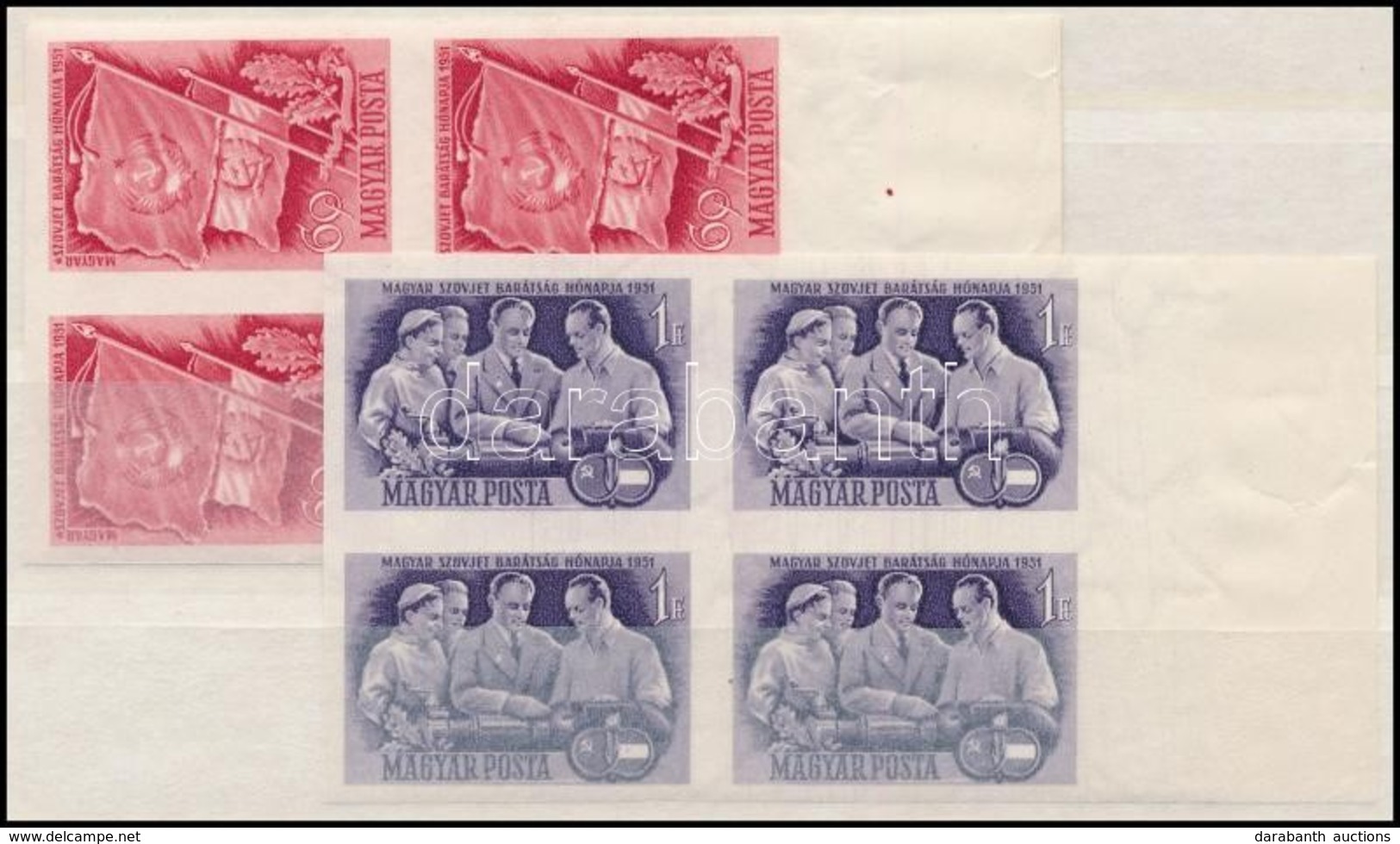 ** 1951 Magyar-szovjet Barátság Vágott Sor ívszéli Négyestömbökben (36.000) / Mi 1158-1159 Imperforated Margin Blocks Of - Sonstige & Ohne Zuordnung