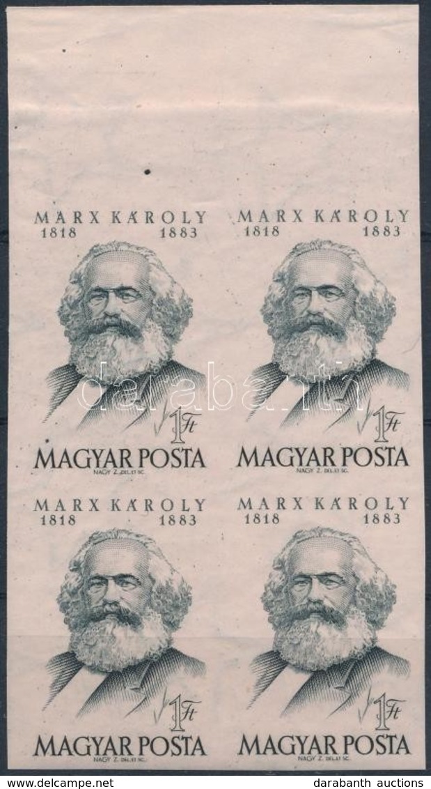 ** 1953 Karl Marx ívszéli Vágott Négyestömb (32.000) / Mi 1305 Imperforate Margin Block Of 4 - Sonstige & Ohne Zuordnung