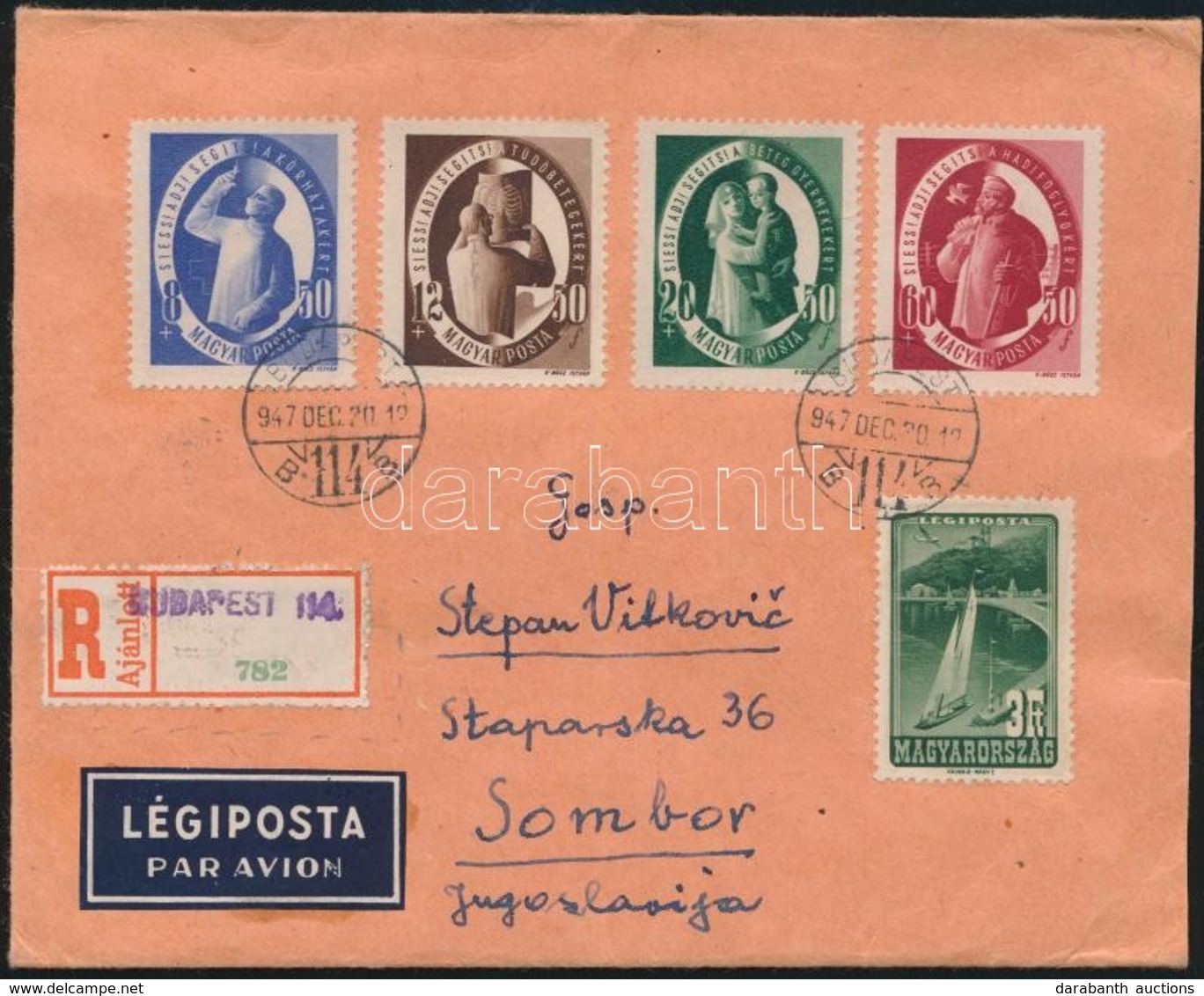 1947 Ajánlott Légi Levél SAS Sorral és Díjkiegészítéssel Jugoszláviába / Registered Airmail Cover To Yugoslavia - Sonstige & Ohne Zuordnung