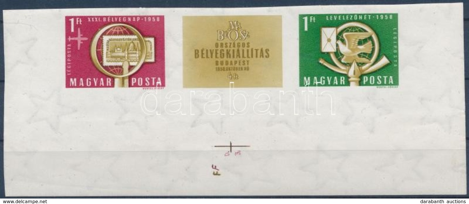 ** 1958 Bélyegnap Vágott ívszéli Csík (5.000) / Mi 1553-1554 Imperforate Margin Stripe Of 3 - Autres & Non Classés