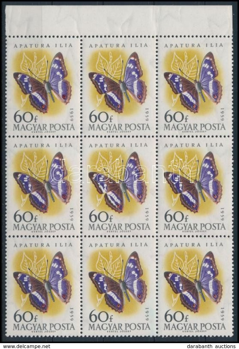 ** 1959 Lepke 60f Kilences Tömb, Benne A Lemezhibás Bélyeg. Összefüggésben Ritka! / Mi 1636 Block Of 9 With Plate Variet - Sonstige & Ohne Zuordnung