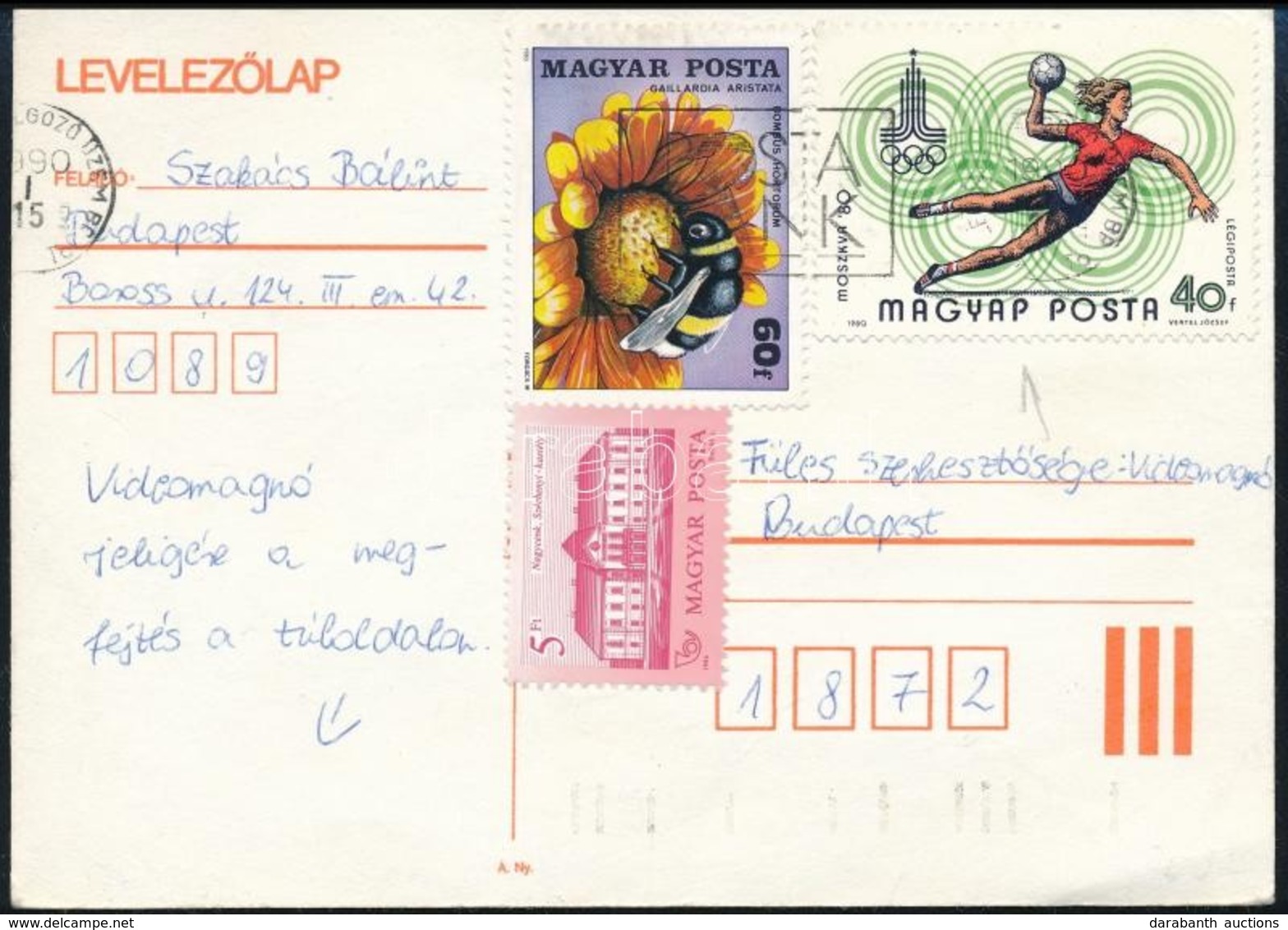 1980 Olimpia 40f MAGYAP Lemezhibás Bélyeg 1990-ben Postázott Levelezőlapon / Mi 3433 With Plate Variety On Postcard - Autres & Non Classés