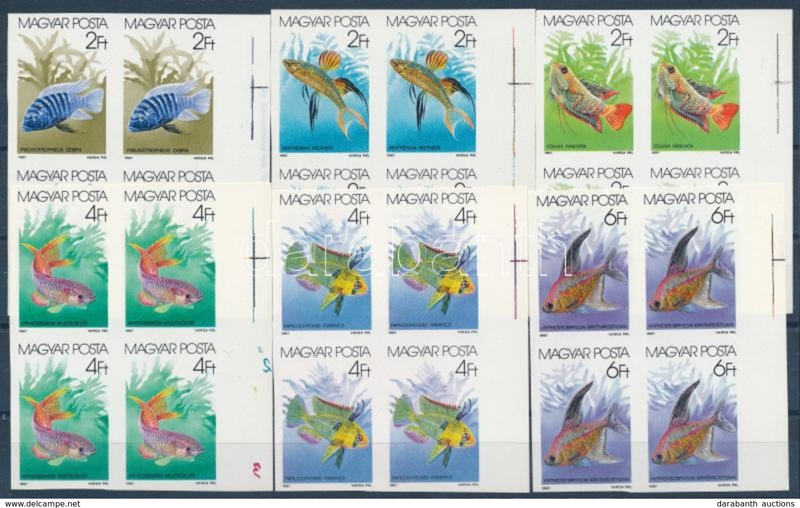 ** 1987 Akváriumi Díszhalak Vágott Sor ívszéli Négyestömbökben (22.000) / Mi 3877-3882 Imperforate Set In Margin Blocks  - Sonstige & Ohne Zuordnung