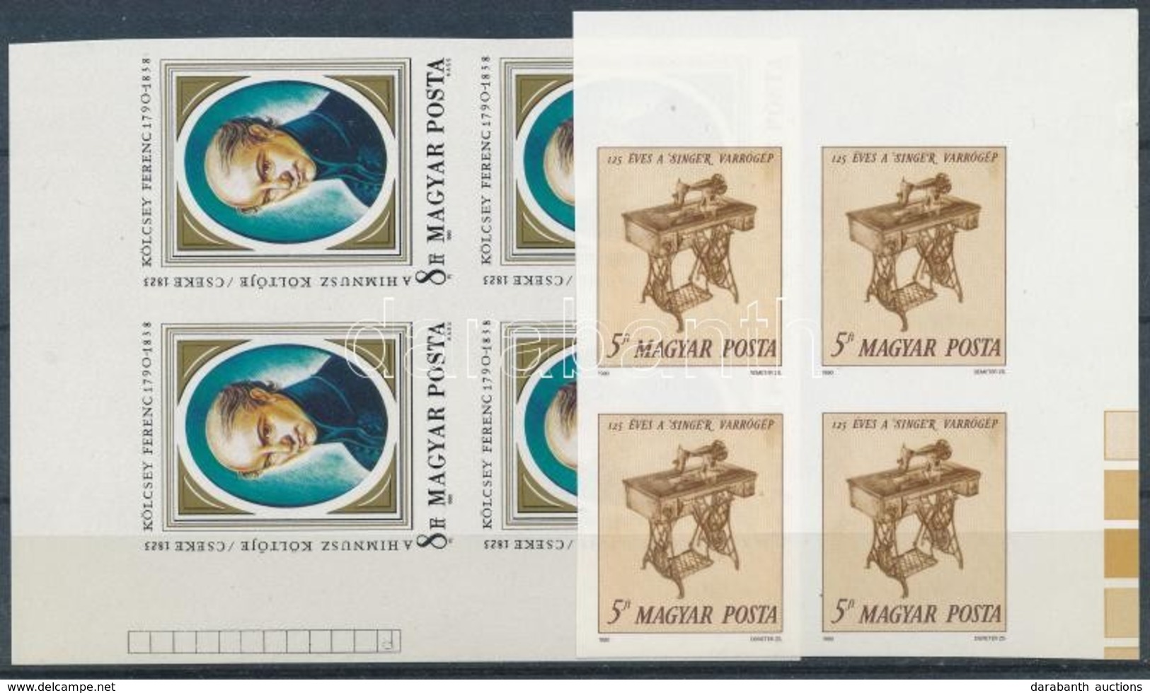 ** 1990 Kölcsey és Singer Varrógép ívsarki Vágott Négyestömbök (17.600) / Mi 4066 + 4098 Imperforate Corner Blocks Of 4 - Autres & Non Classés