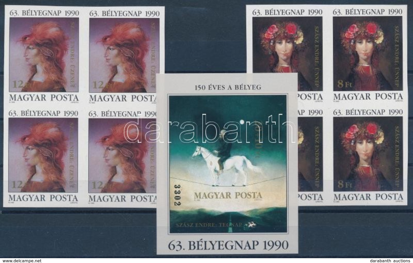 ** 1990 Bélyegnap Sor Vágott Négyestömbökben + Vágott Blokk (23.500) / Mi 4107-4108 Imperforate Blocks Of 4 + 212 Imperf - Otros & Sin Clasificación